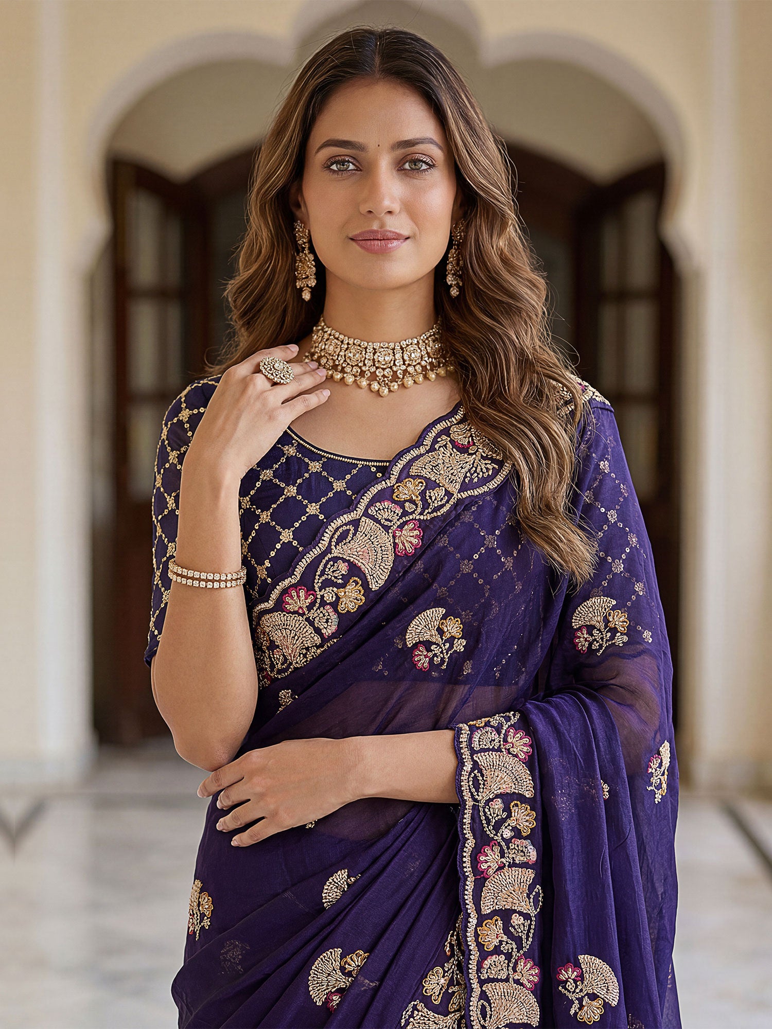 Blue Sequins Work Bridesmaid Saree In Chinon Silk