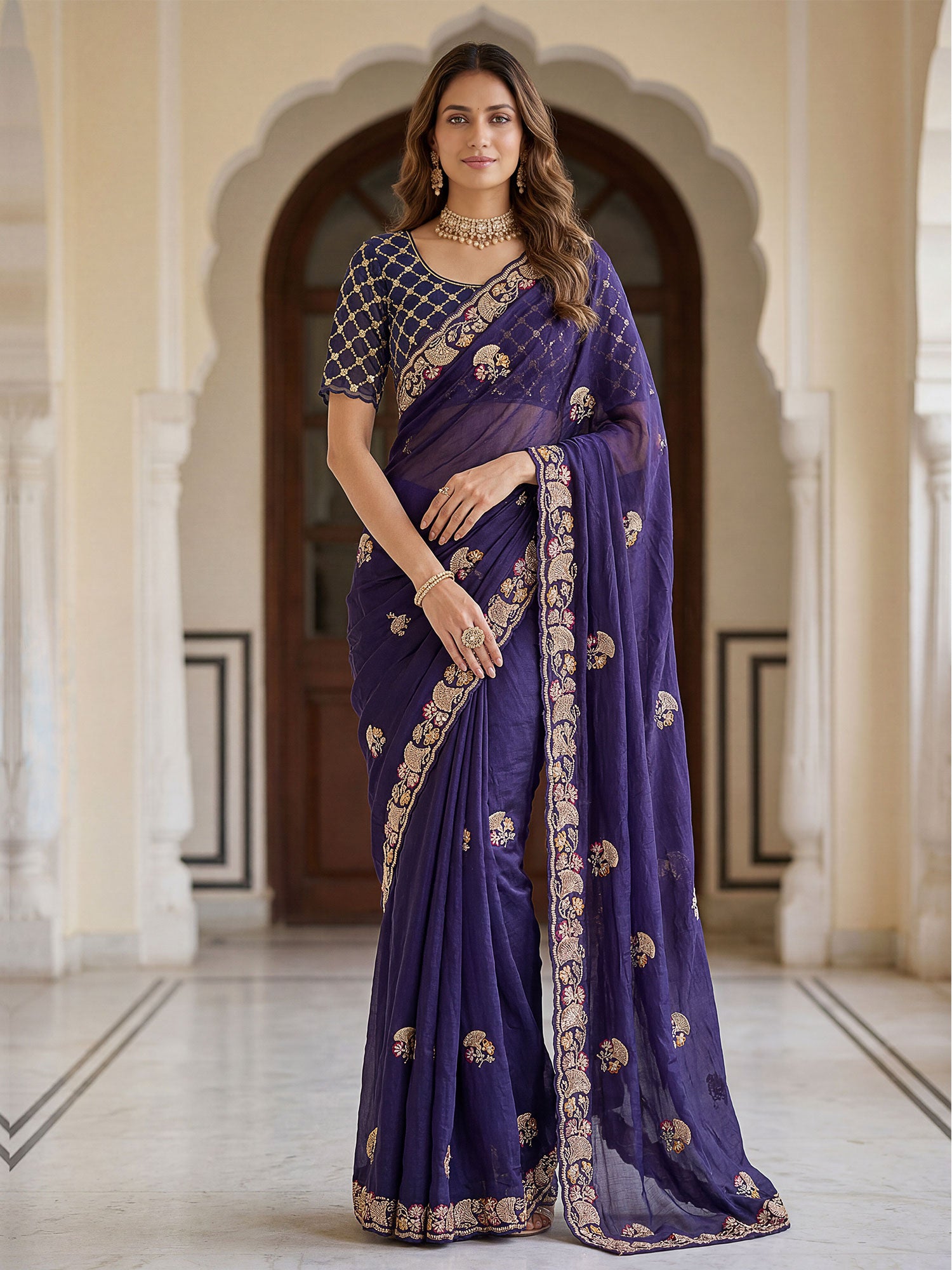 Blue Sequins Work Bridesmaid Saree In Chinon Silk