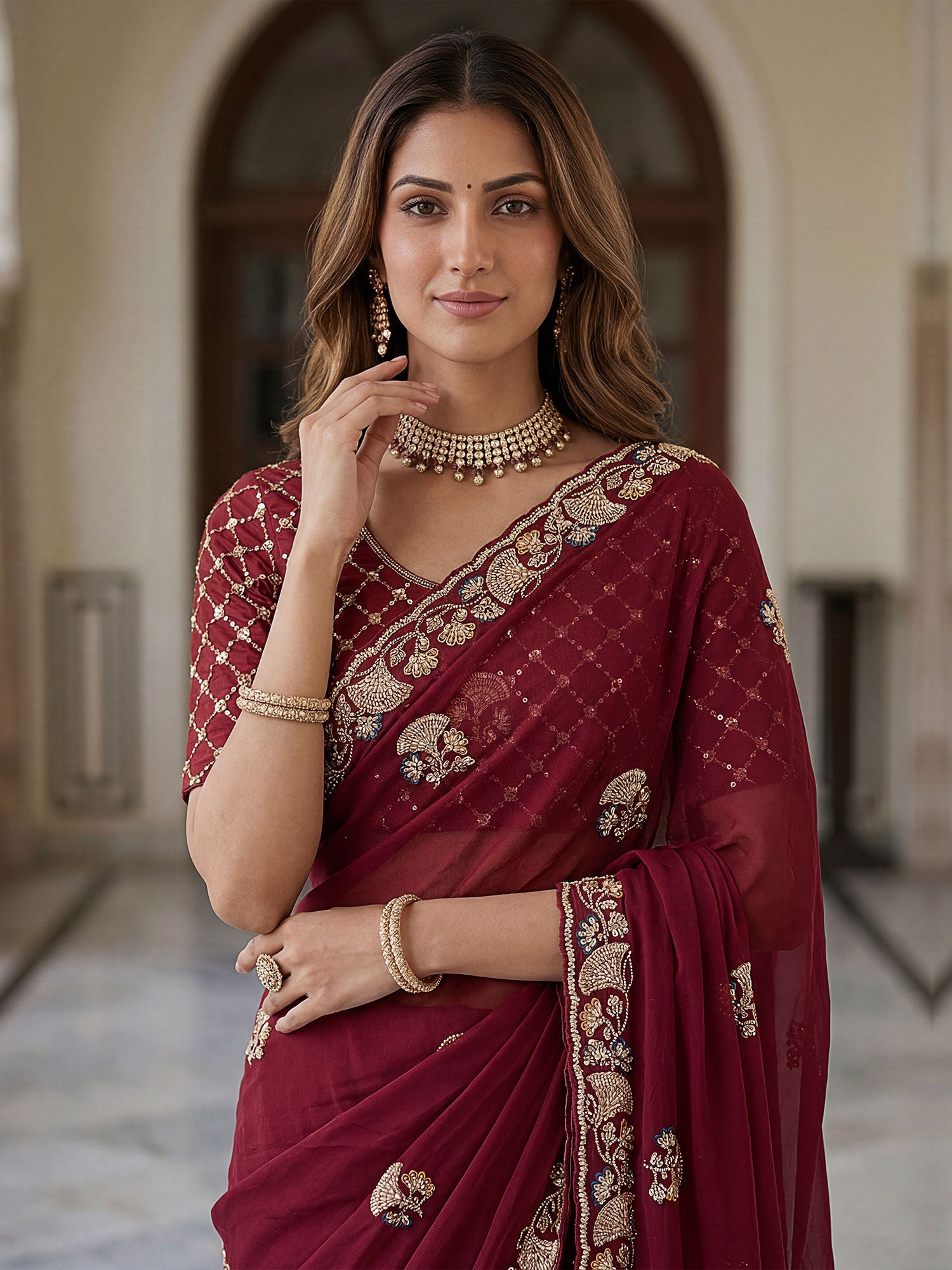 Maroon Chinon Silk Saree With Heavy Borders