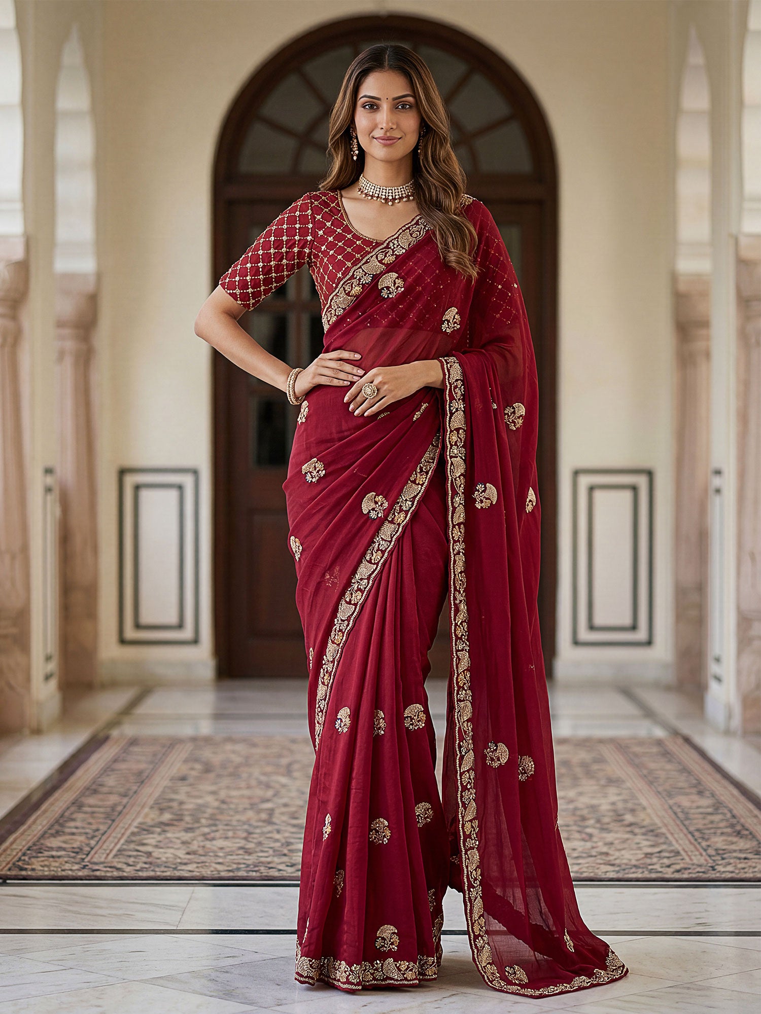 Maroon Chinon Silk Saree With Heavy Borders