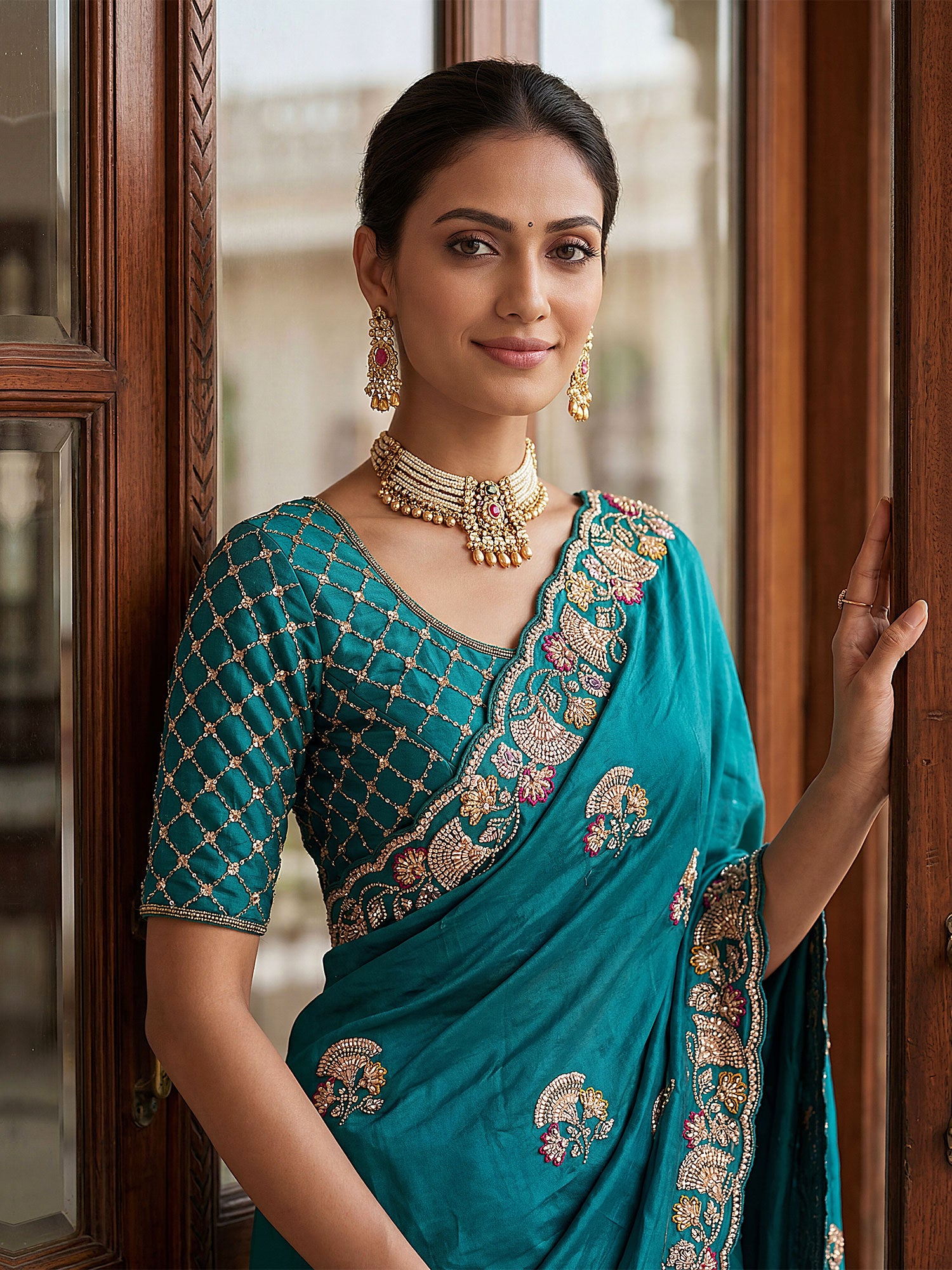 Turquoise Party Wear Silk Saree In Hand Work
