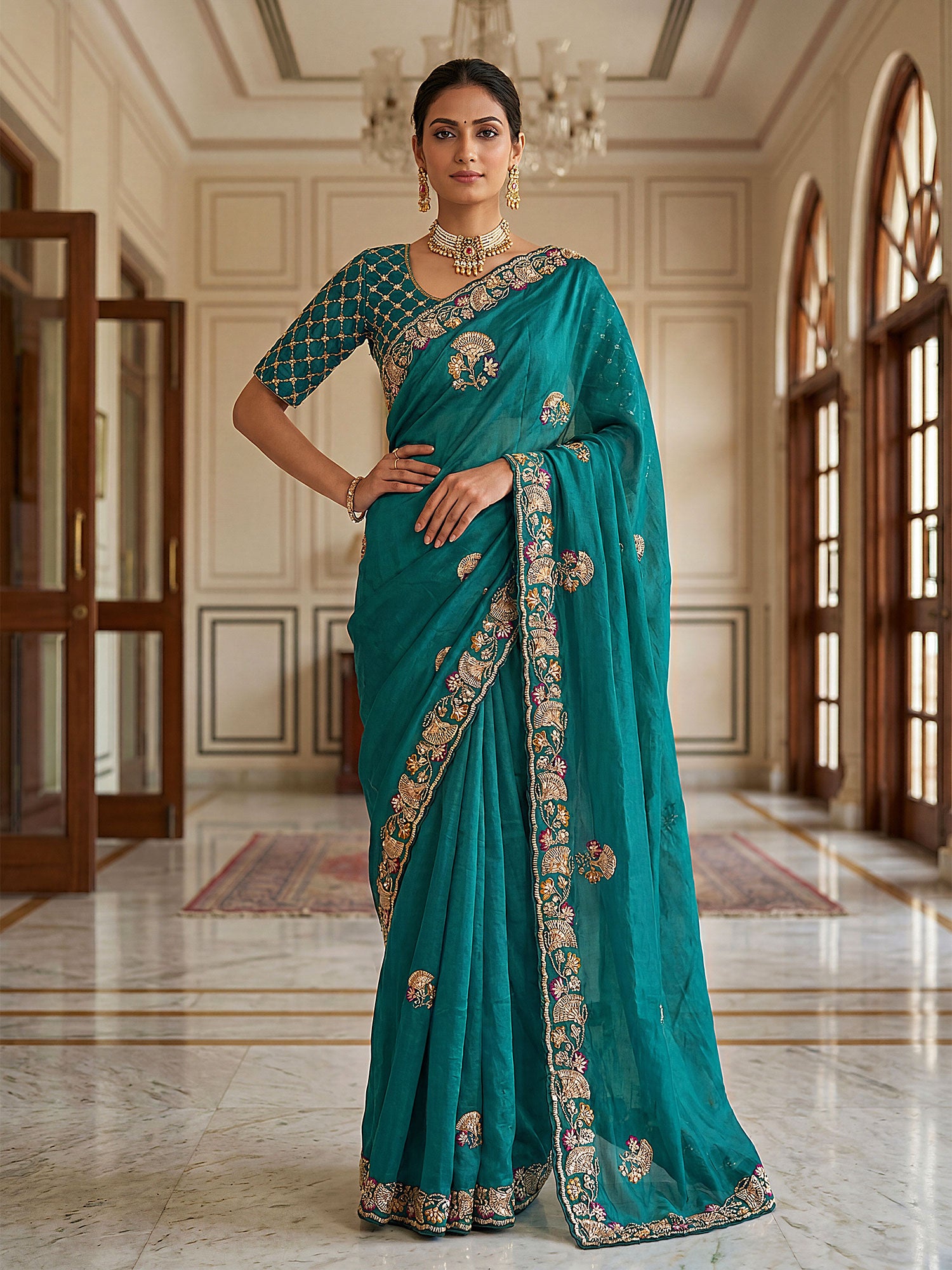 Turquoise Party Wear Silk Saree In Hand Work