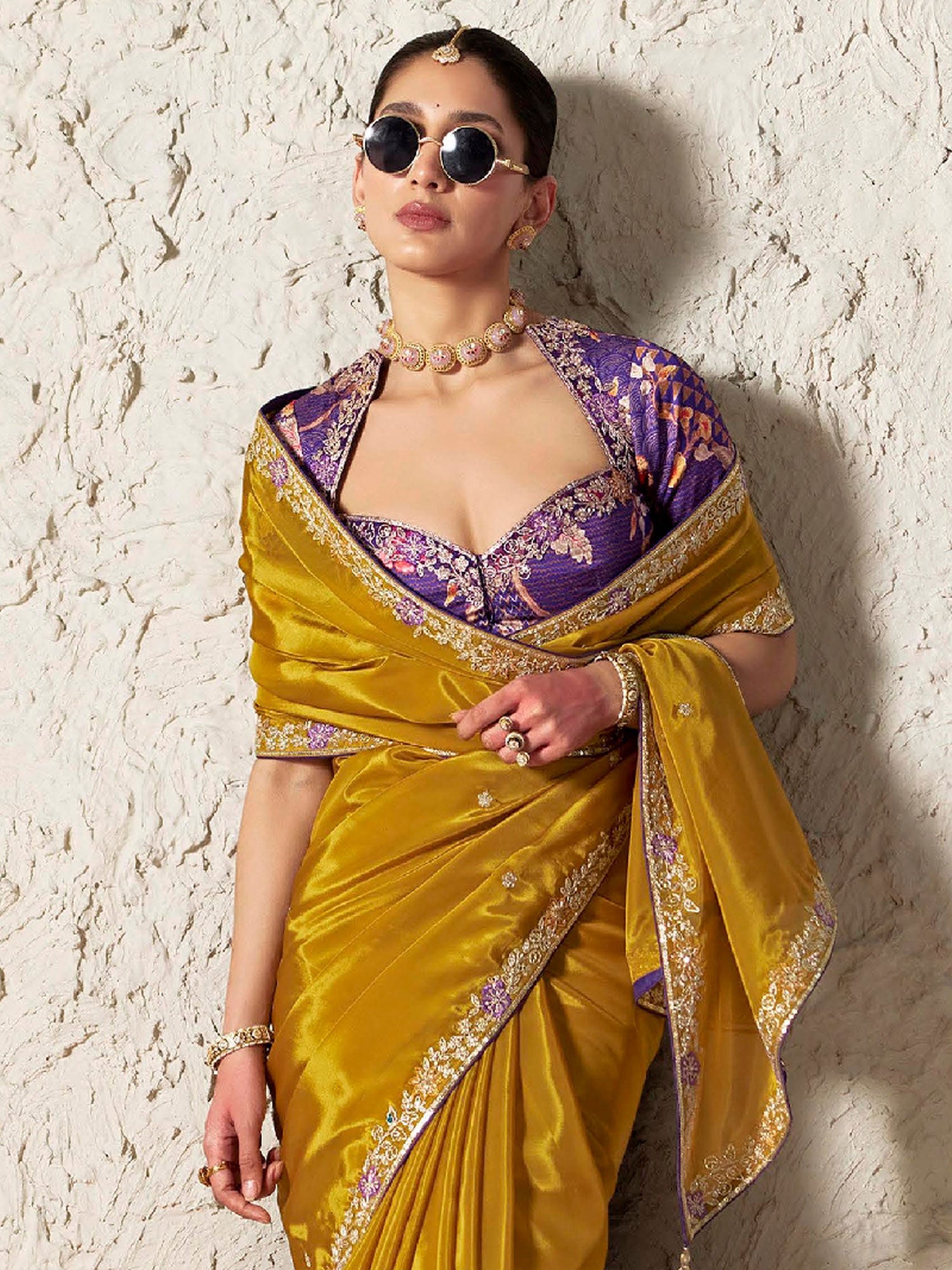 Yellow Bridesmaid Saree With Floral Borders