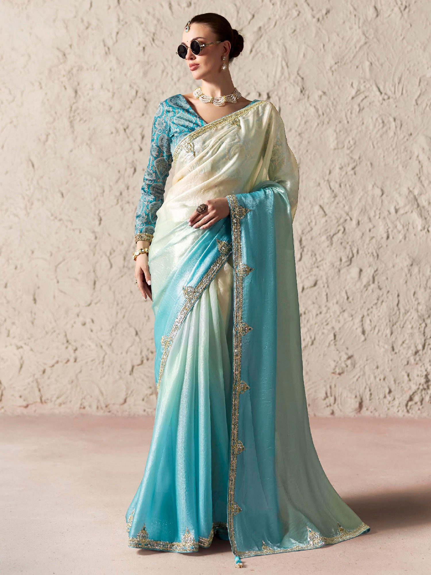 Off White And Blue Ombre Shaded Bridesmaid Saree