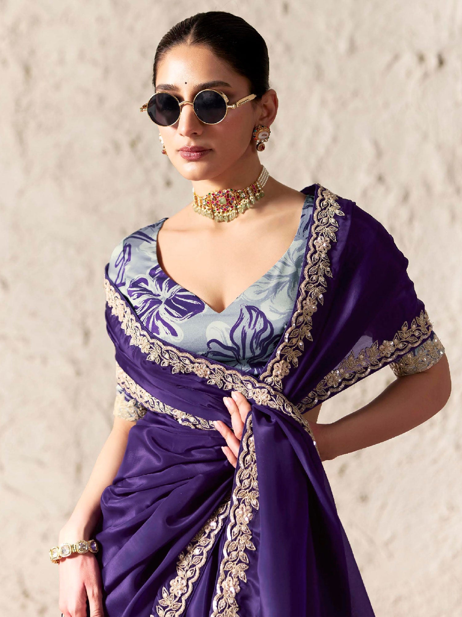 Deep Purple Silk Saree With Floral Embroidery