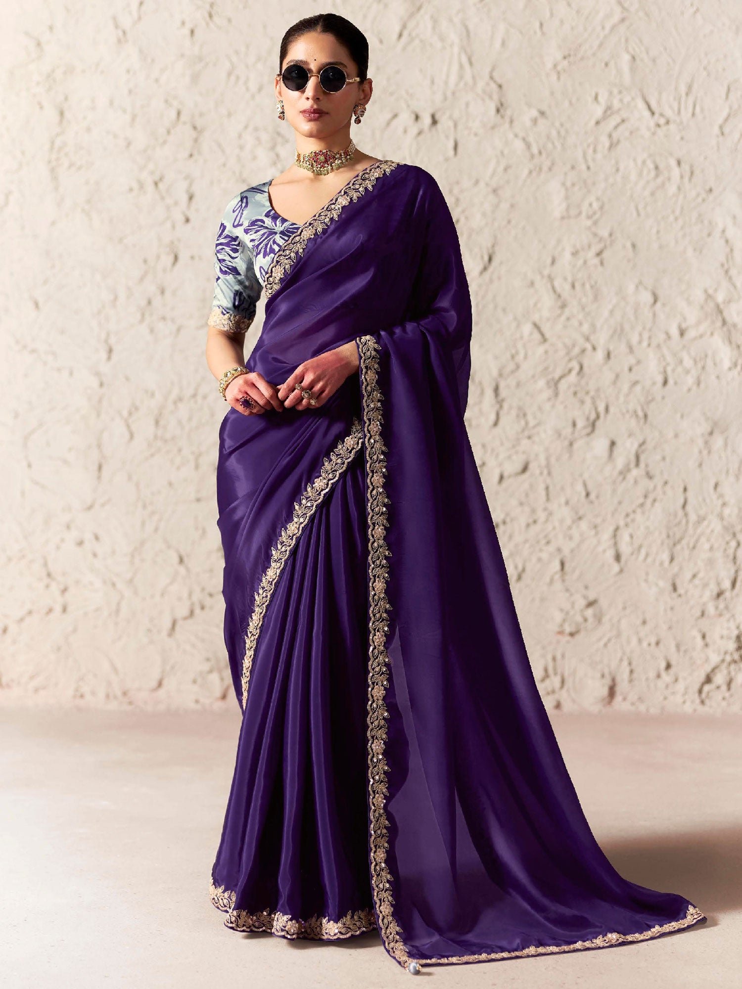 Deep Purple Silk Saree With Floral Embroidery