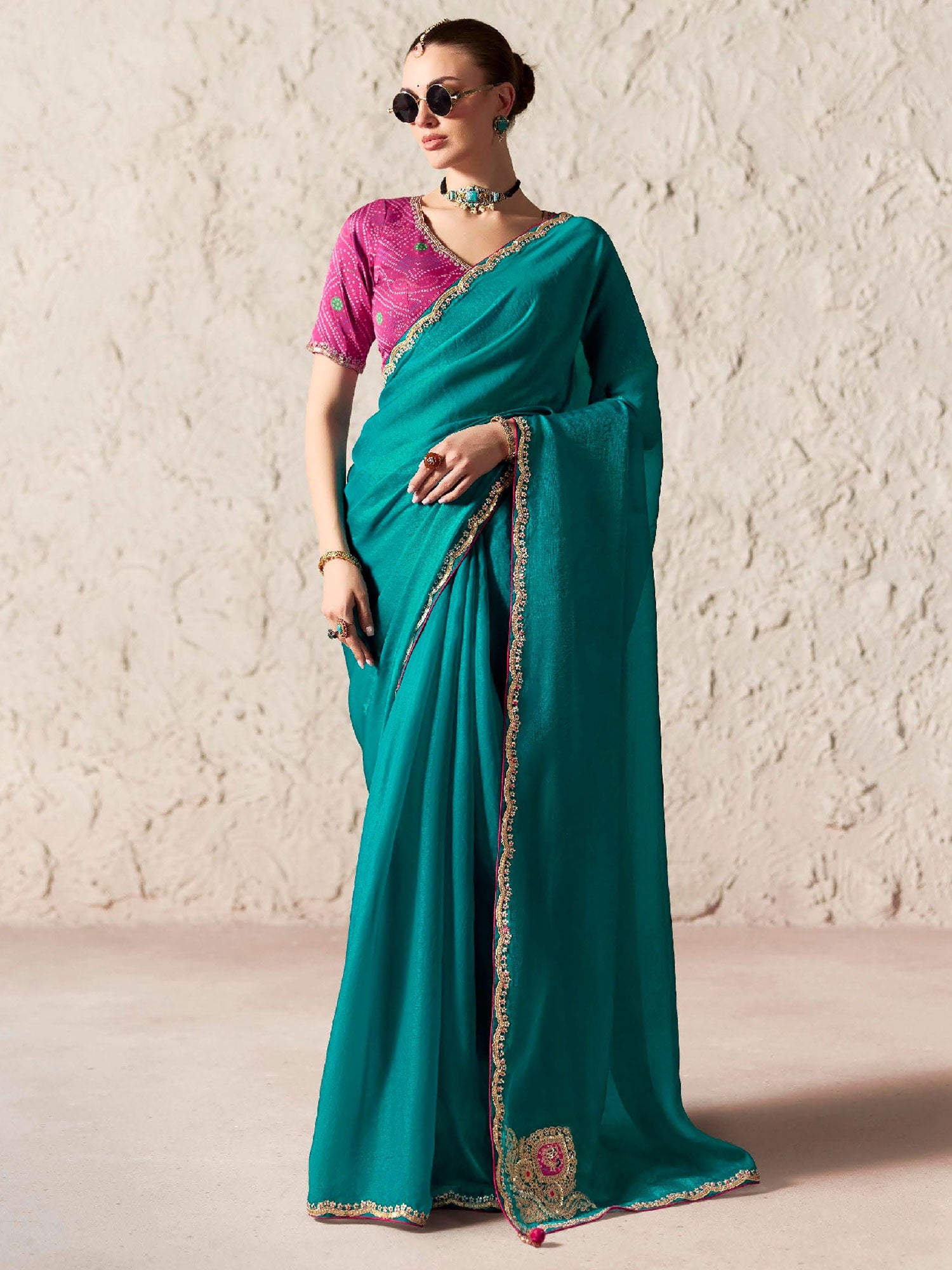 Rama Green Party Wear Saree In Tissue Silk