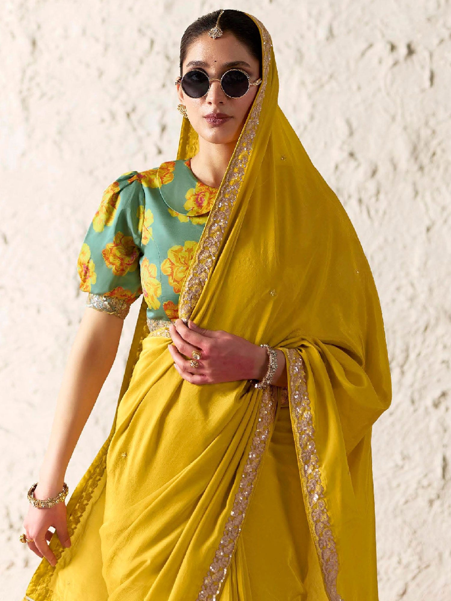 Yellow Floral Sequins Work Party Saree