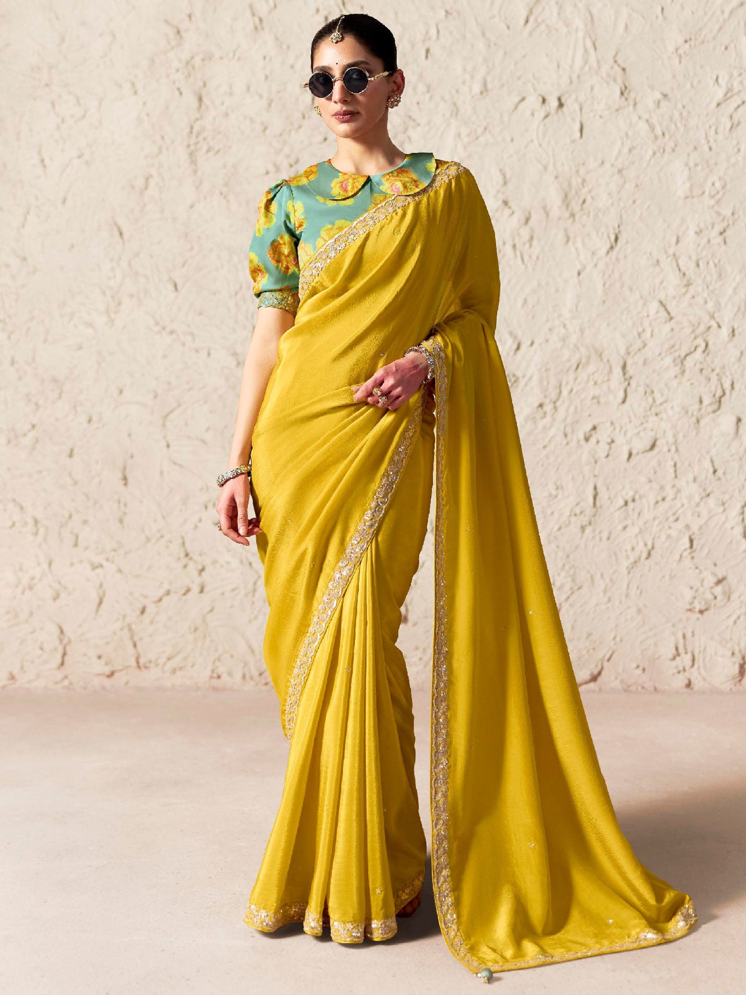 Yellow Floral Sequins Work Party Saree
