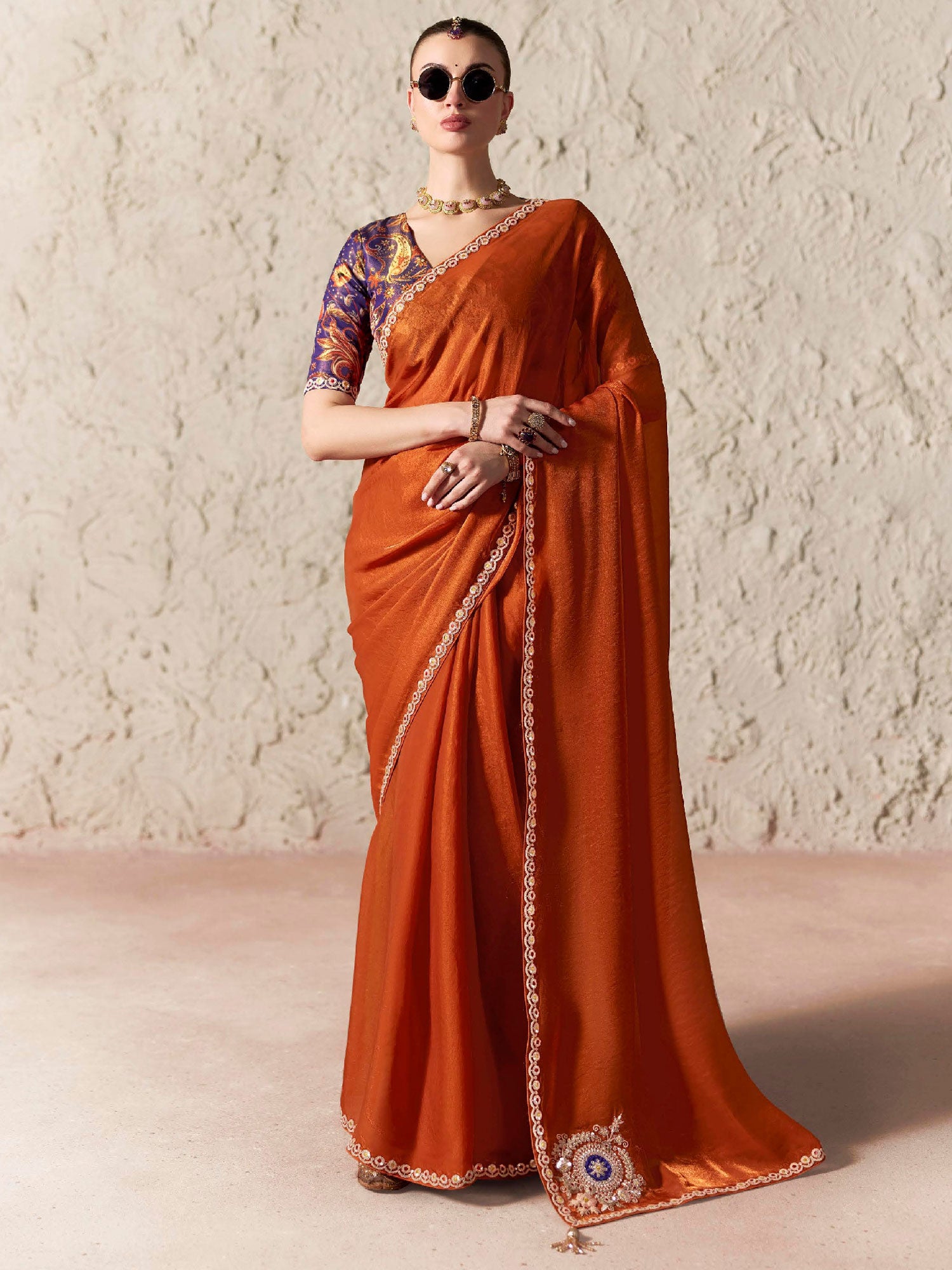 Orange Party Wear Silk Saree In Zari Work