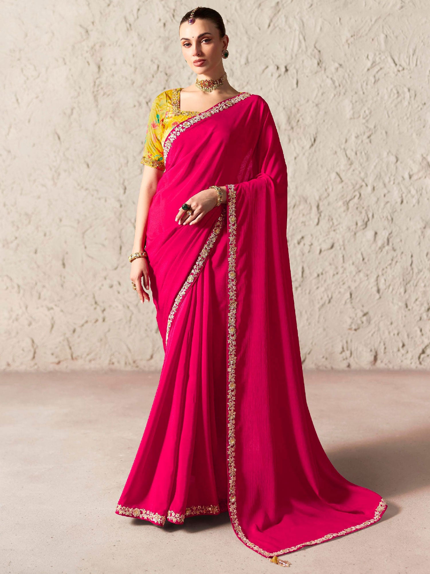 Rani Pink Silk Saree With Zari Embellishment