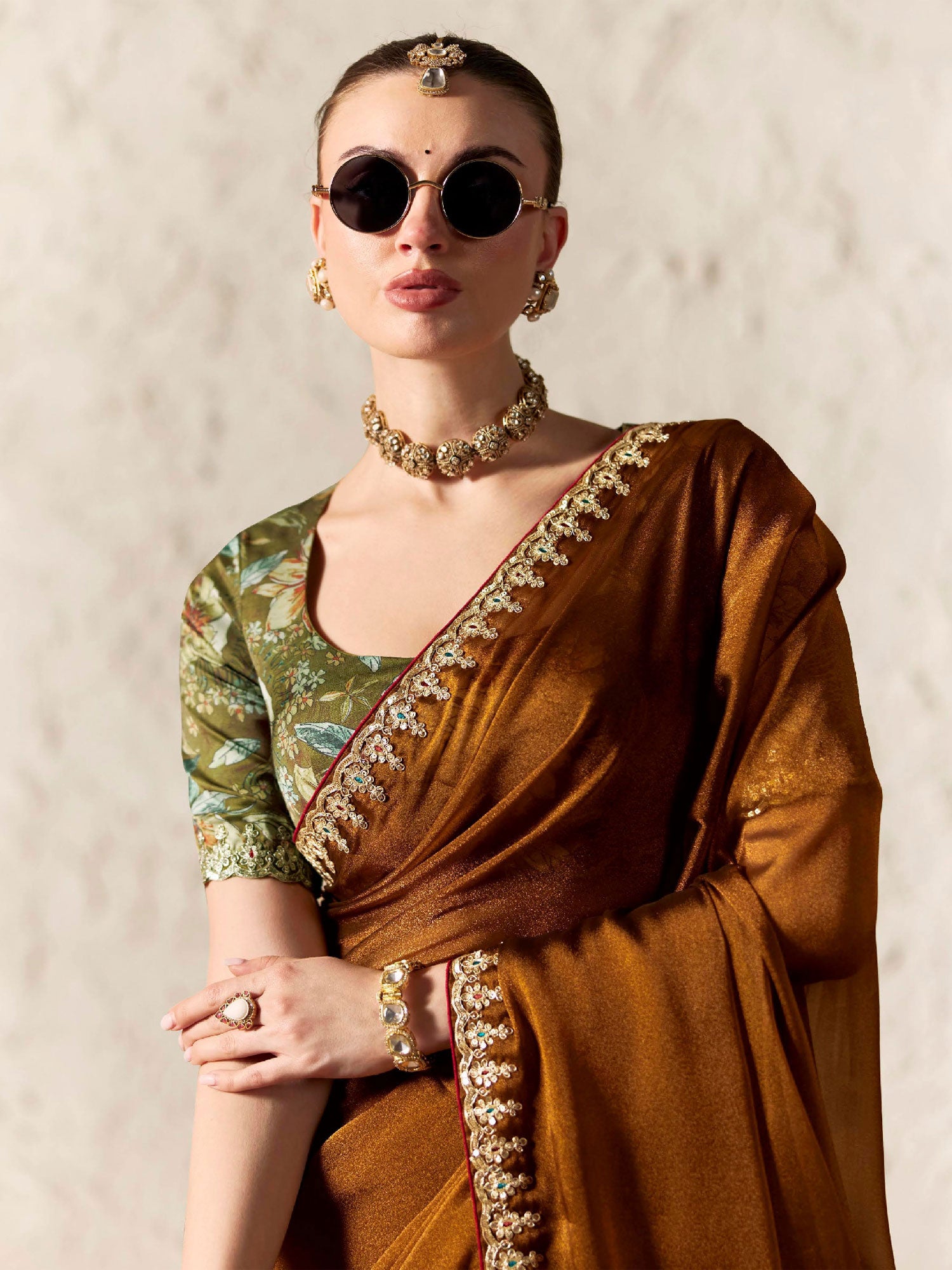 Brown Floran Embelished Party Saree In Silk