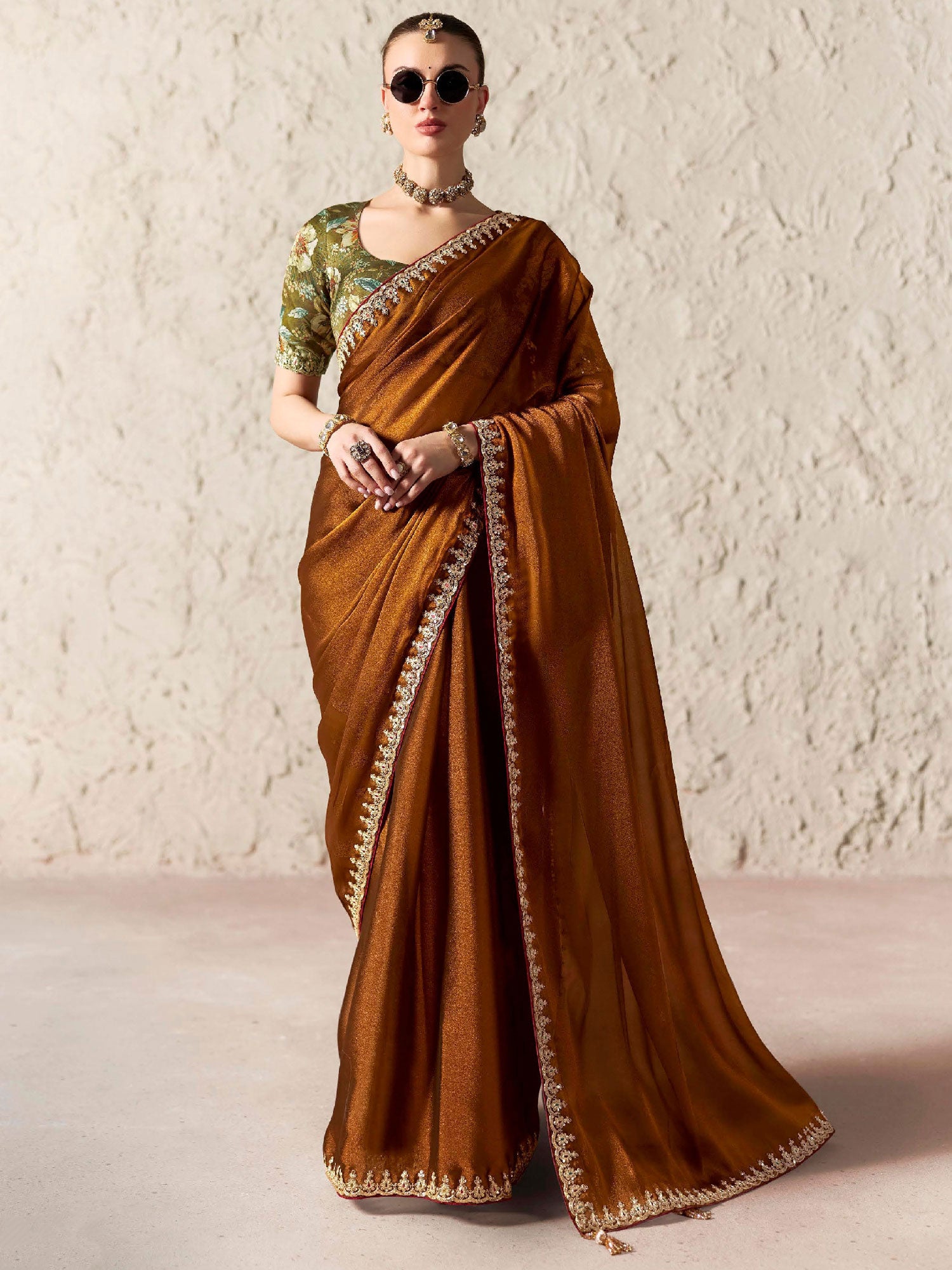 Brown Floran Embelished Party Saree In Silk