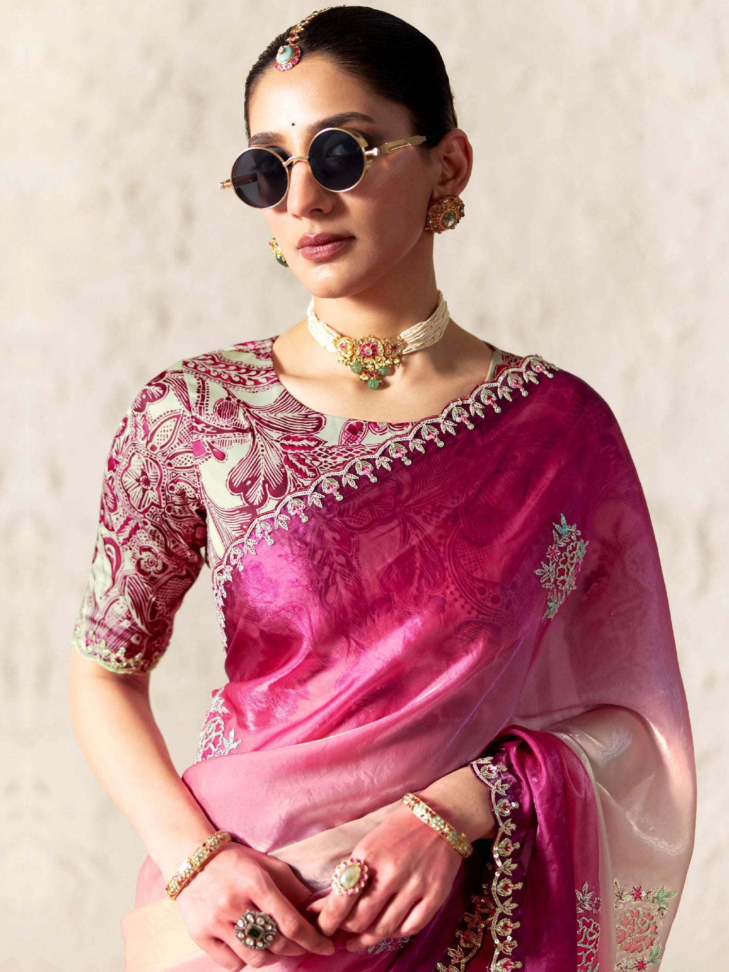 Pink And Cream Shaded Wedding Saree In Silk