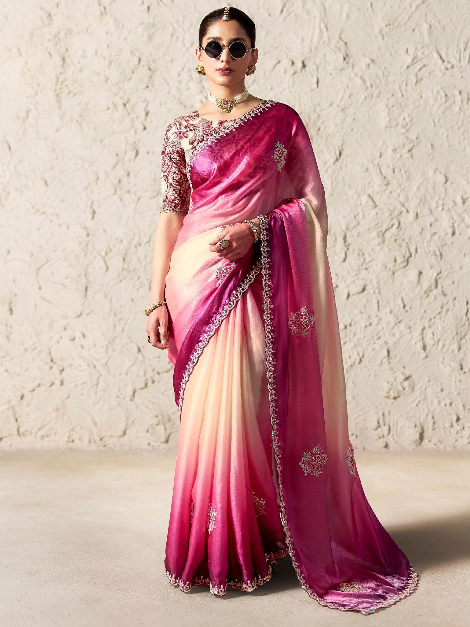 Pink And Cream Shaded Wedding Saree In Silk