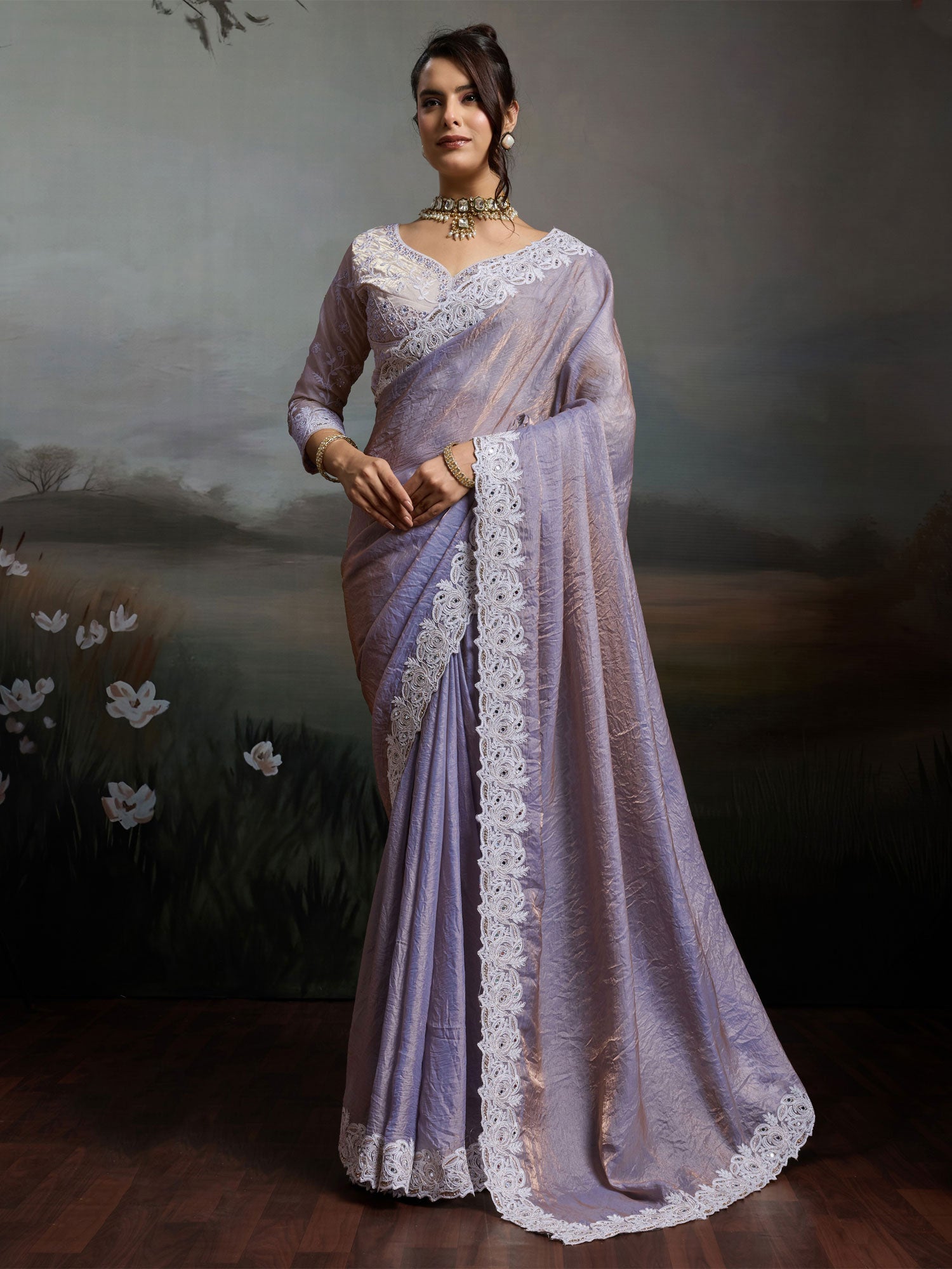 Lilac Wedding Saree With Mirror Work Borders