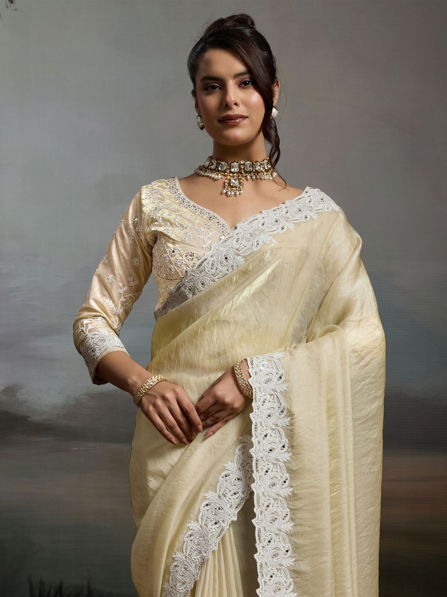 Cream Stone Work Embellished Bridesmaid Saree
