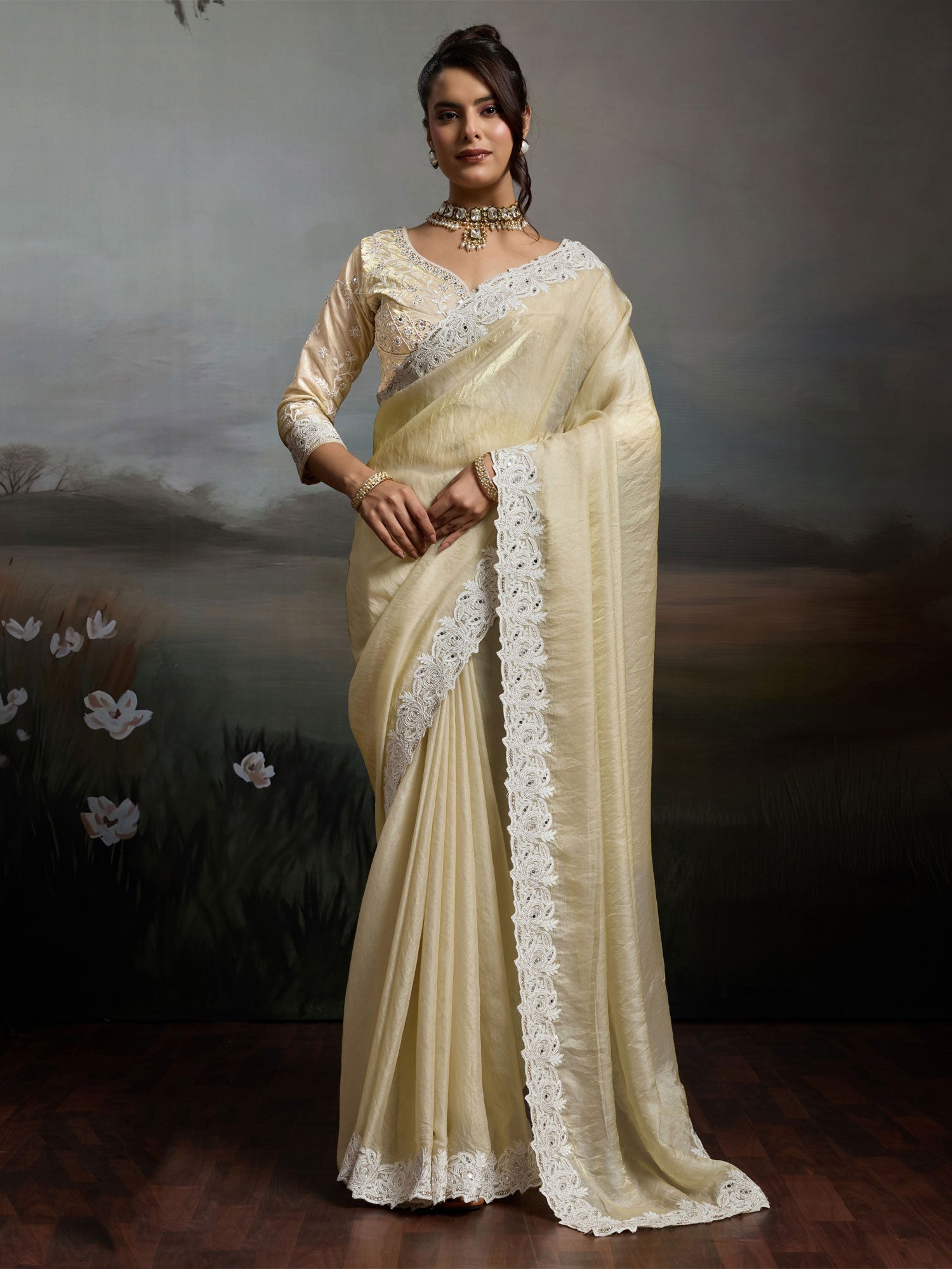 Cream Stone Work Embellished Bridesmaid Saree