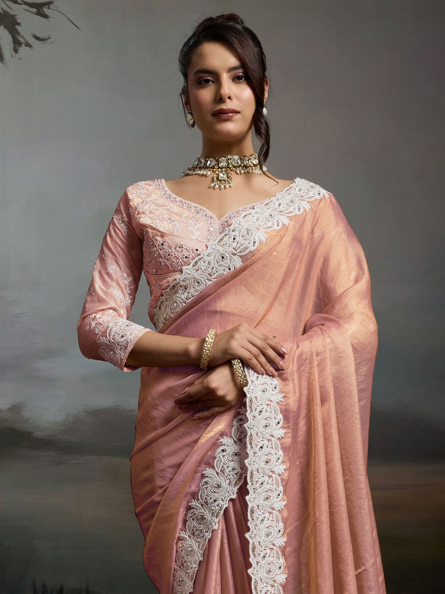 Peach Satin Velvet Saree With Floral Borders