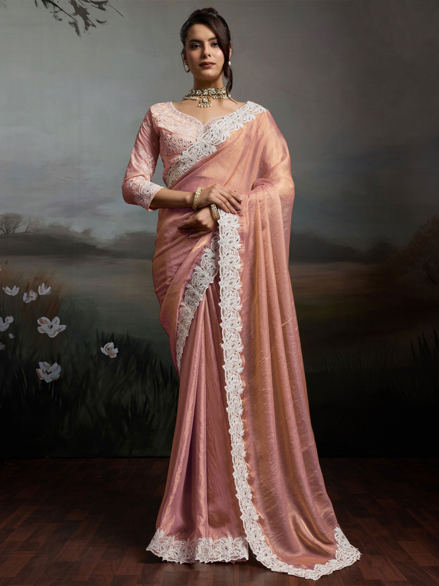 Peach Satin Velvet Saree With Floral Borders