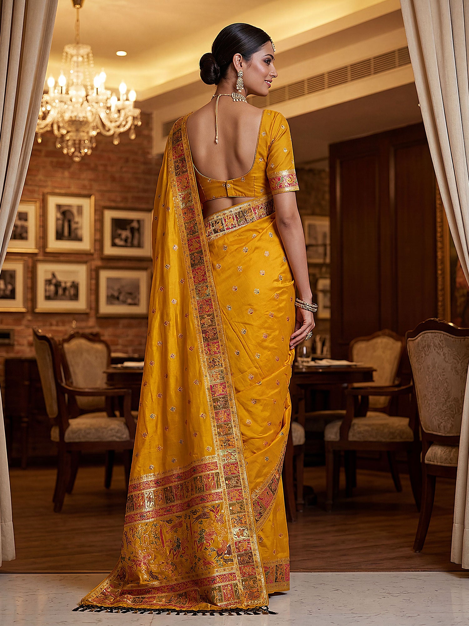 Dark Yellow Bridesmaid Saree In Zari Work