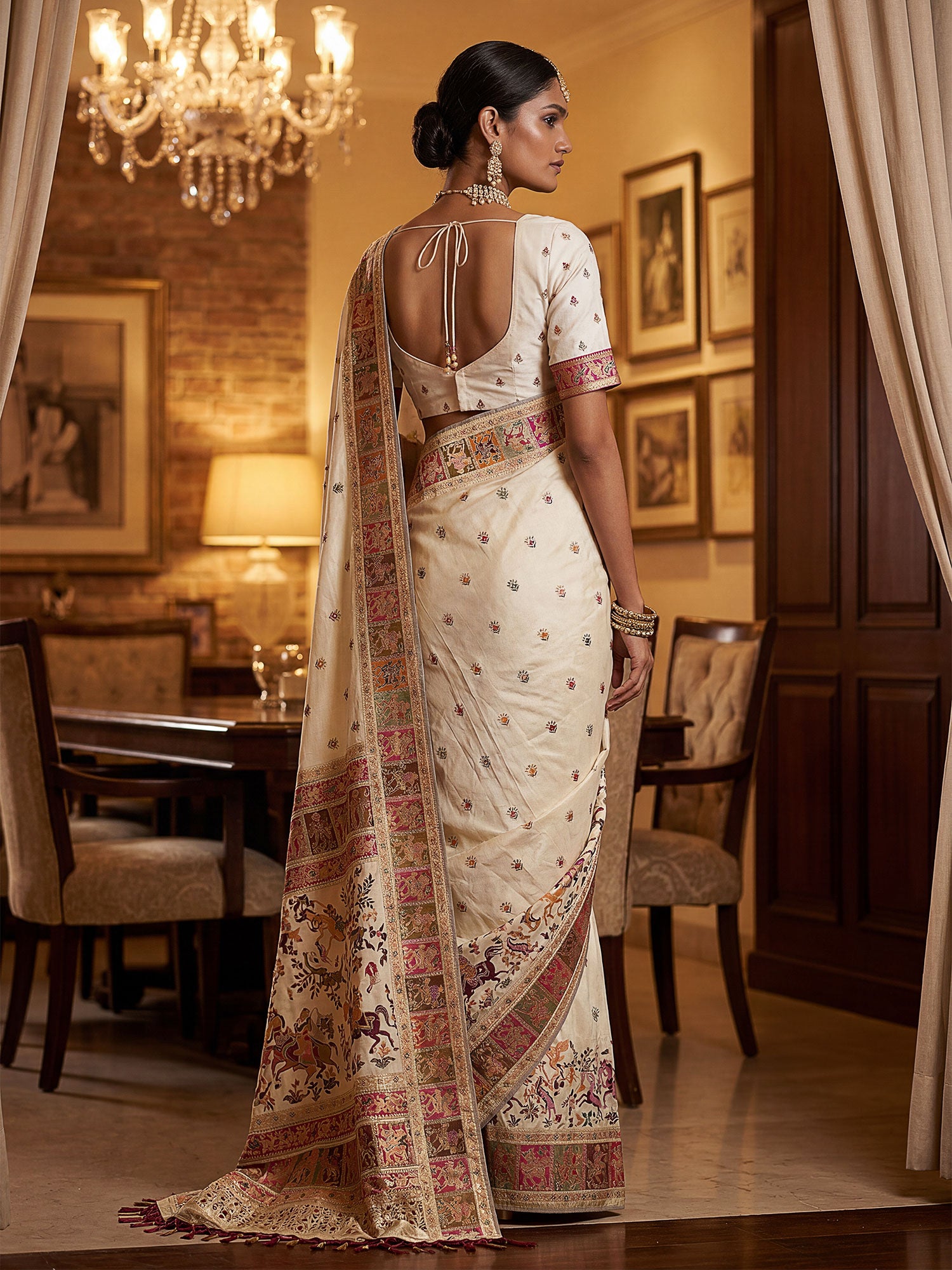 Off White Zari Work Party Saree In Silk