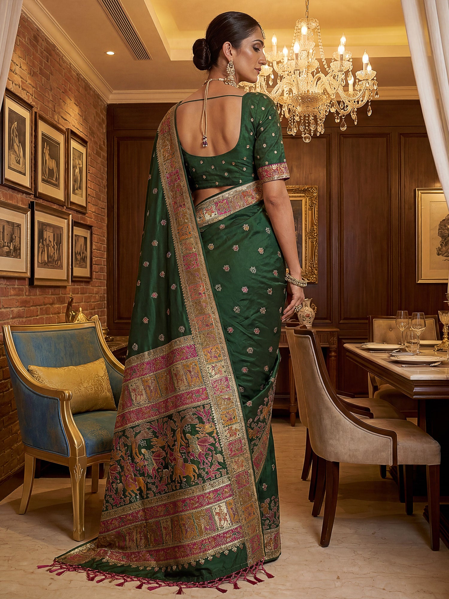 Dark Green Zari Weavng Party Saree
