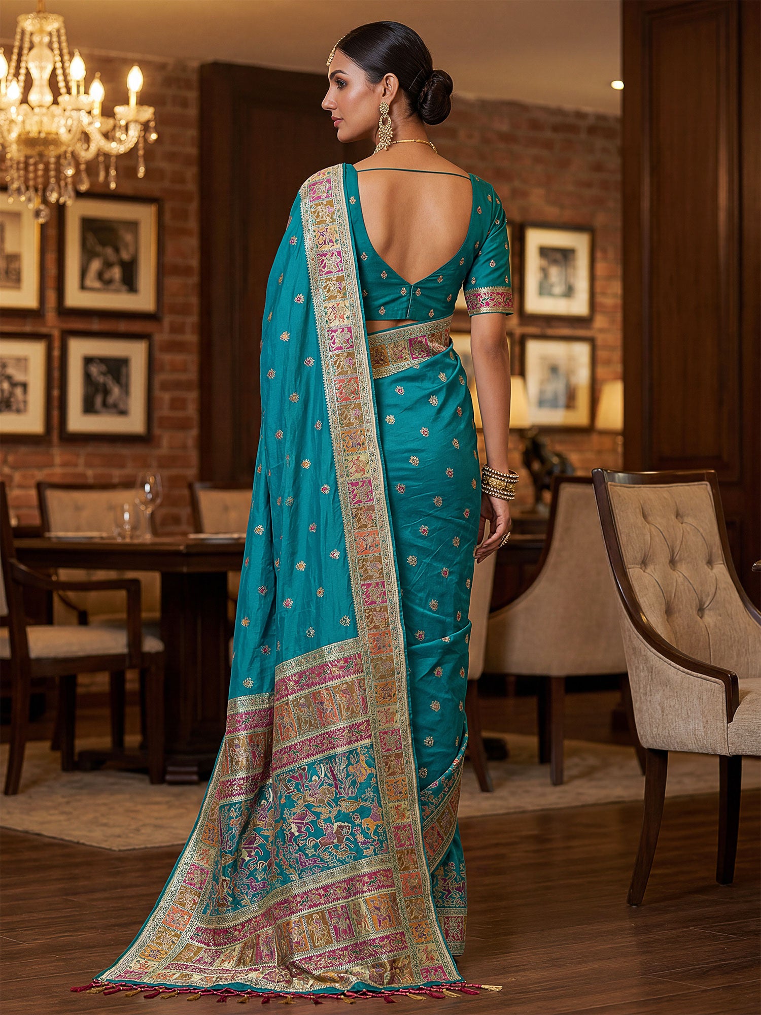 Blue Party Saree In Silk With Heavy Pallu