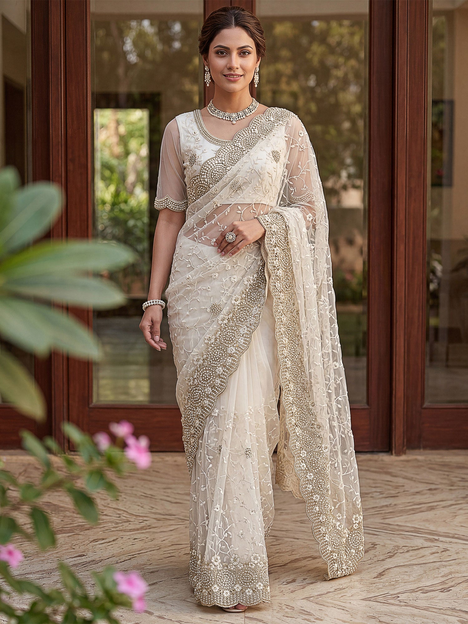 Off White Embroidered Saree In Net