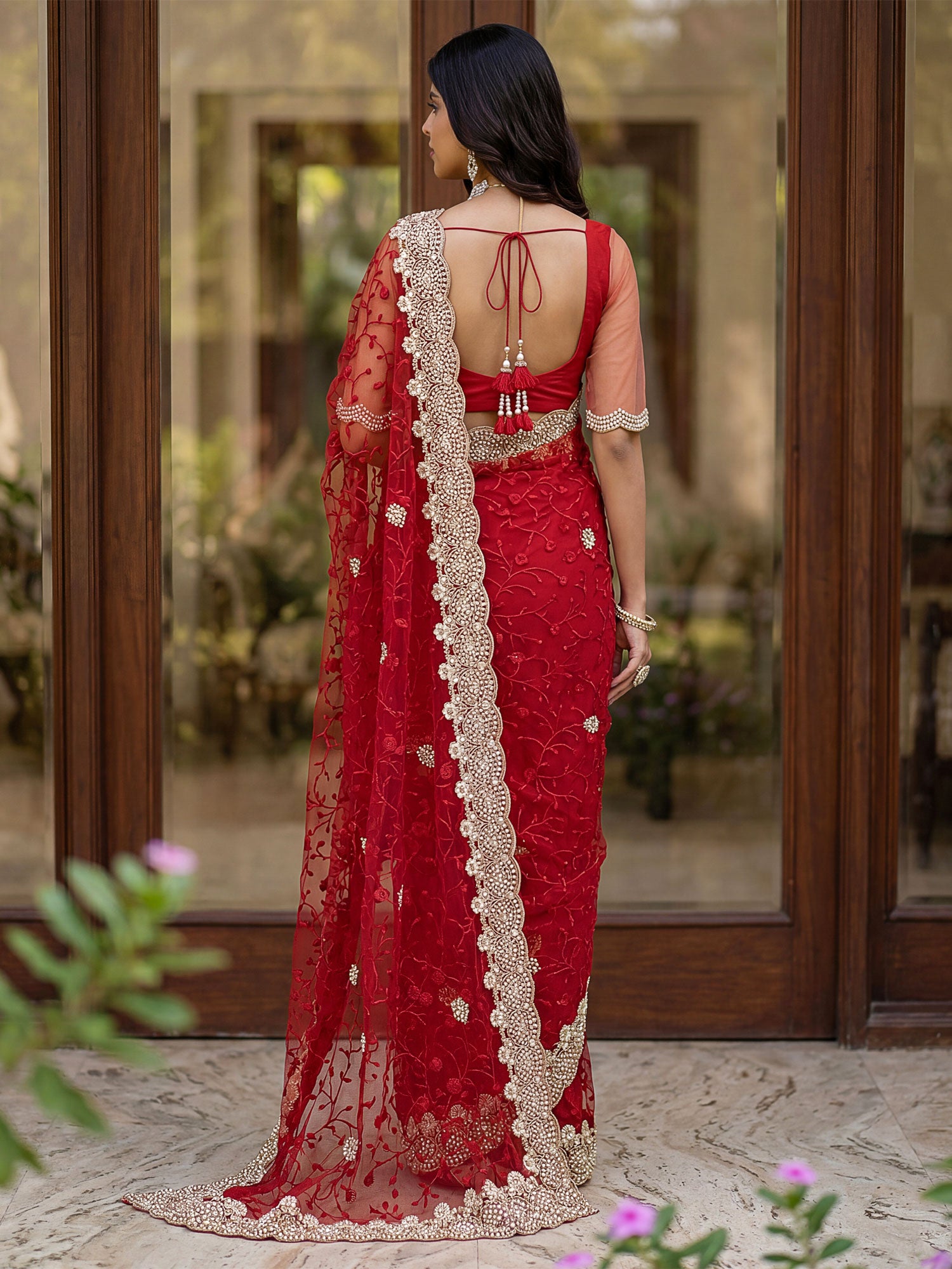 Red Wedding Saree In Stone Embellishment