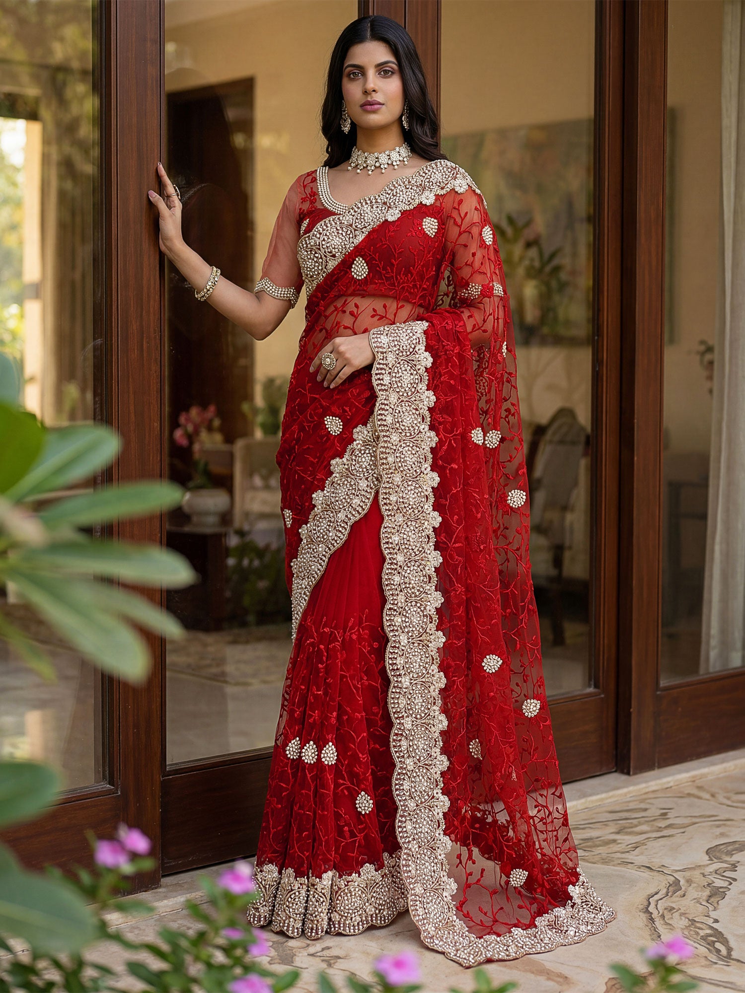 Red Wedding Saree In Stone Embellishment