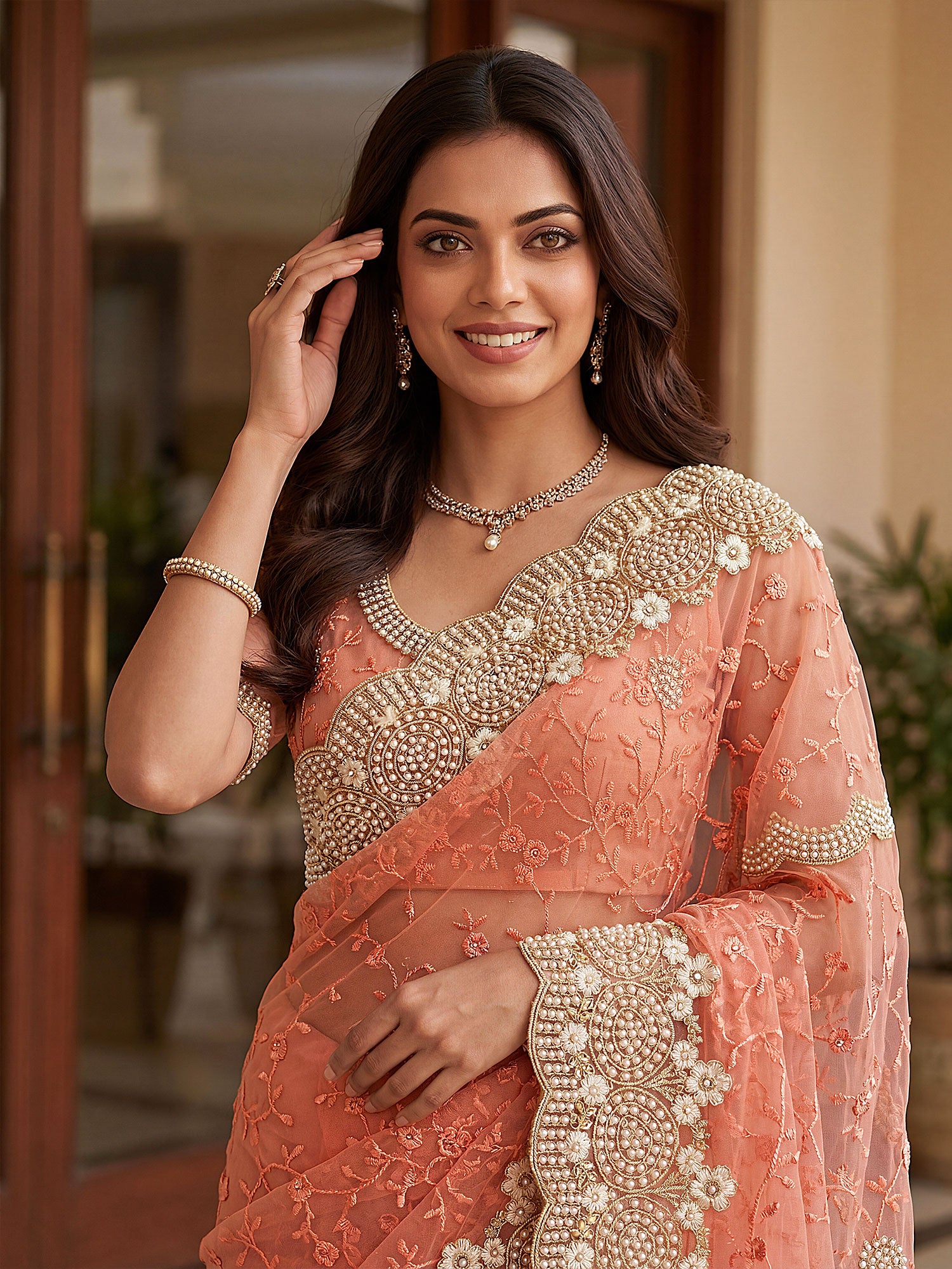 Peach Stone Embroidered Bridesmaid Saree