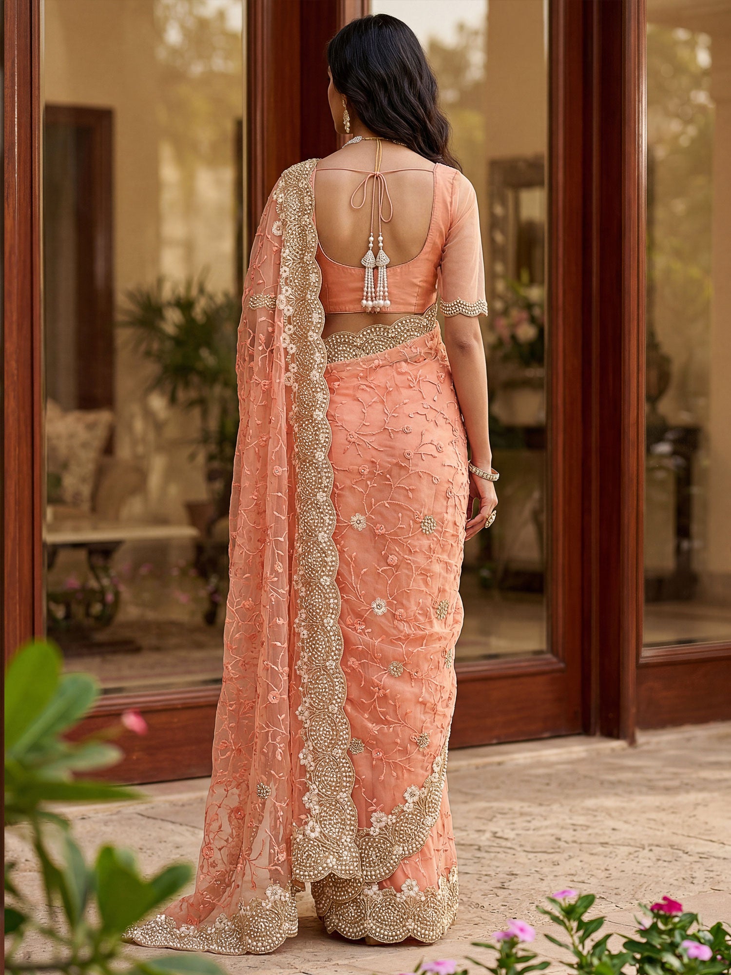 Peach Stone Embroidered Bridesmaid Saree