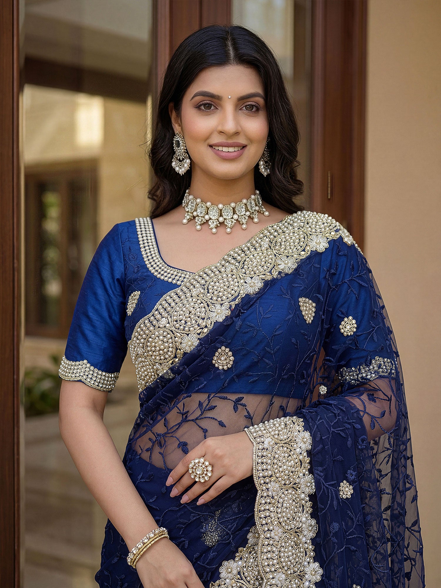 Blue Stone Work Bridesmaid Saree In Net