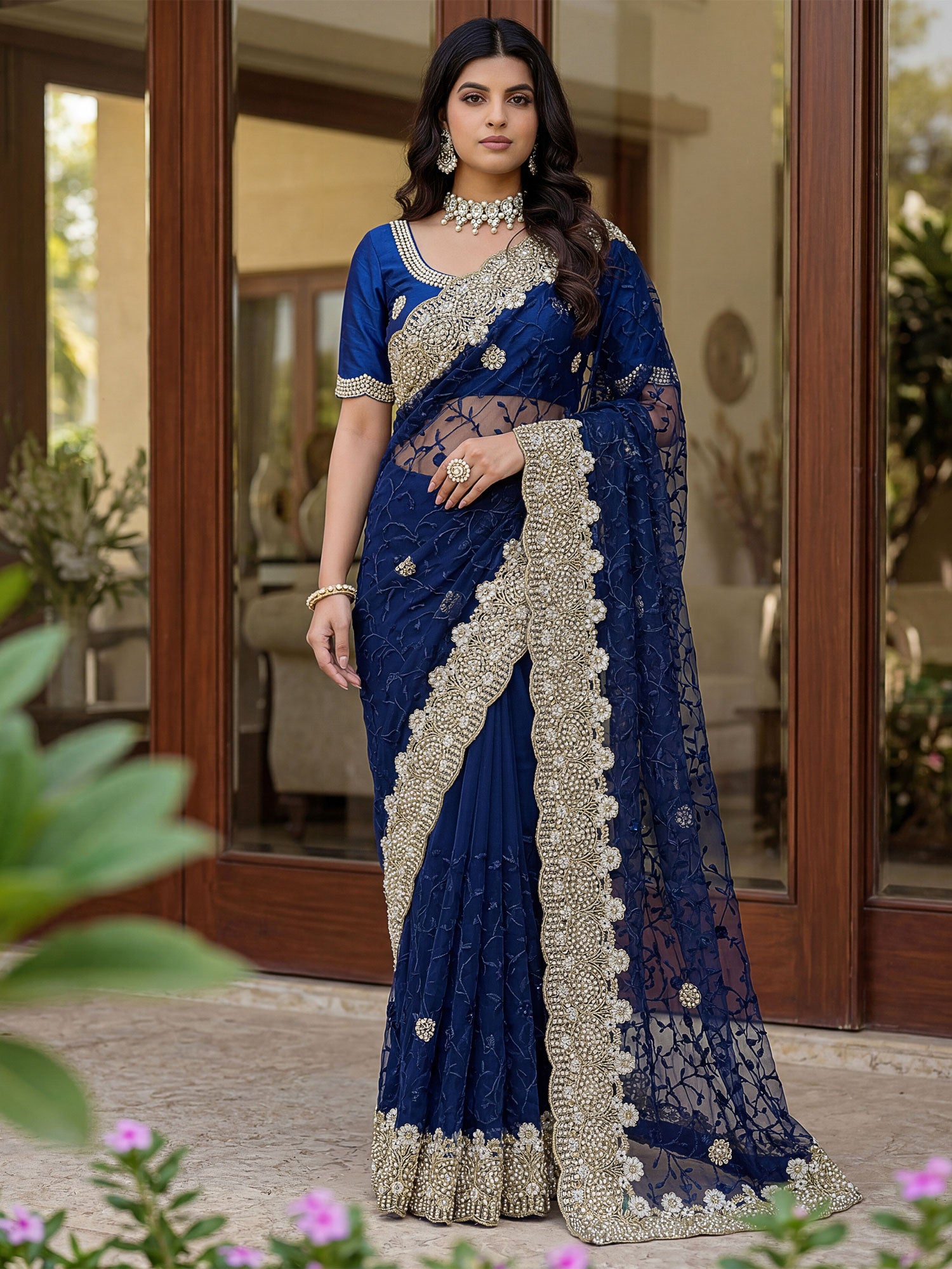 Blue Stone Work Bridesmaid Saree In Net