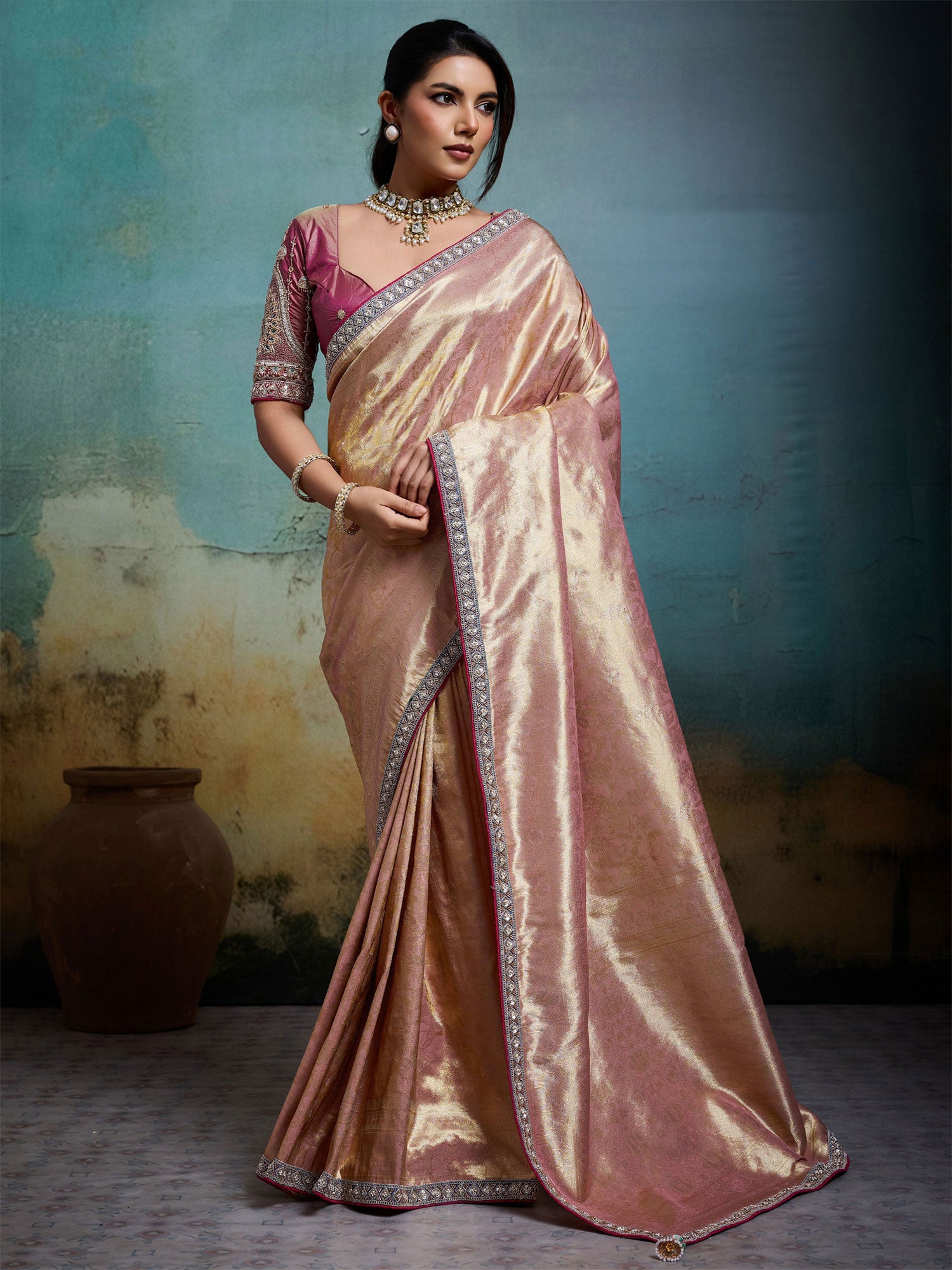 Pink Wedding Banarasi Silk Saree With Blouse