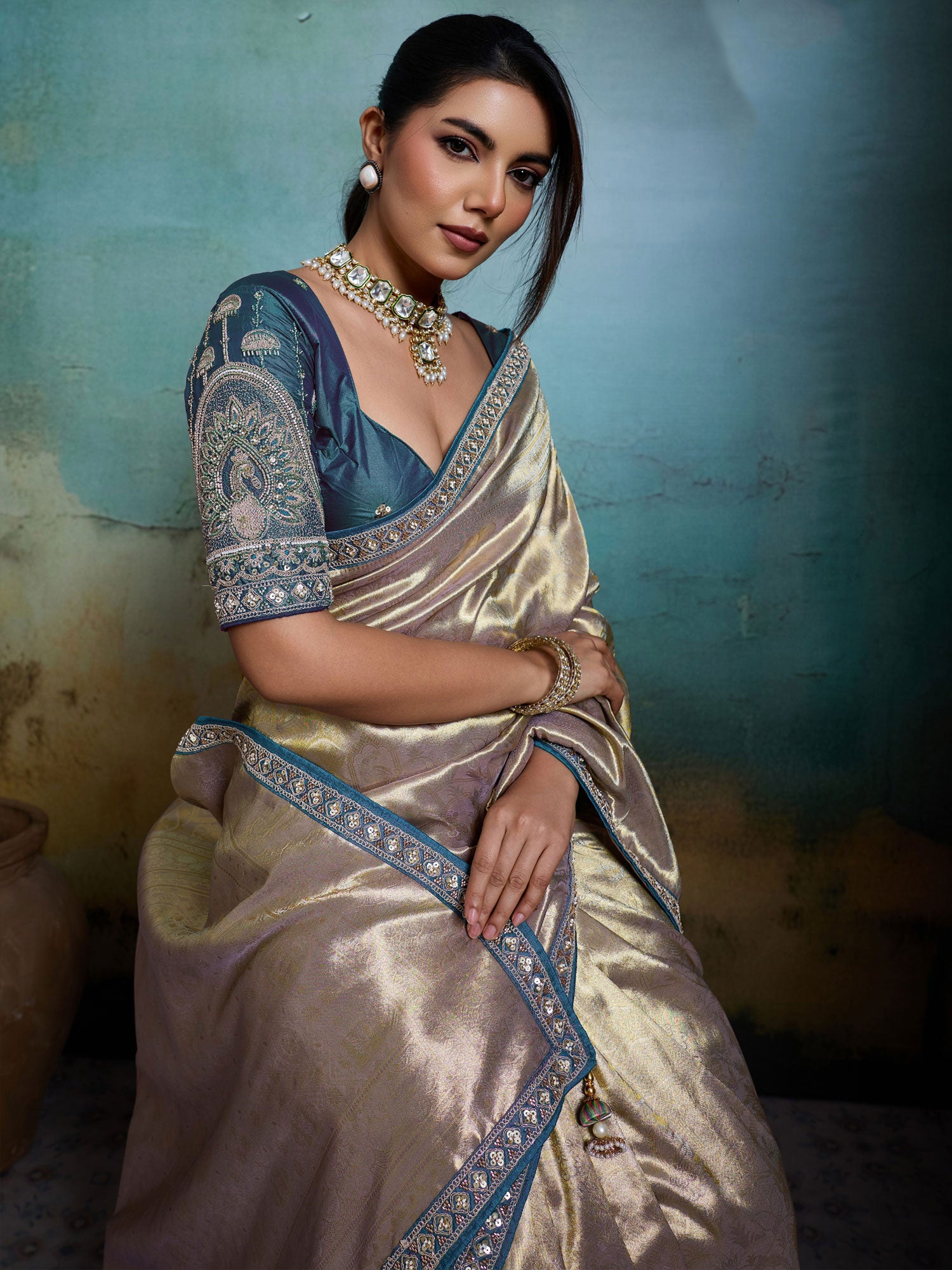 Grey Zari Weaving Party Saree In Banarasi Silk