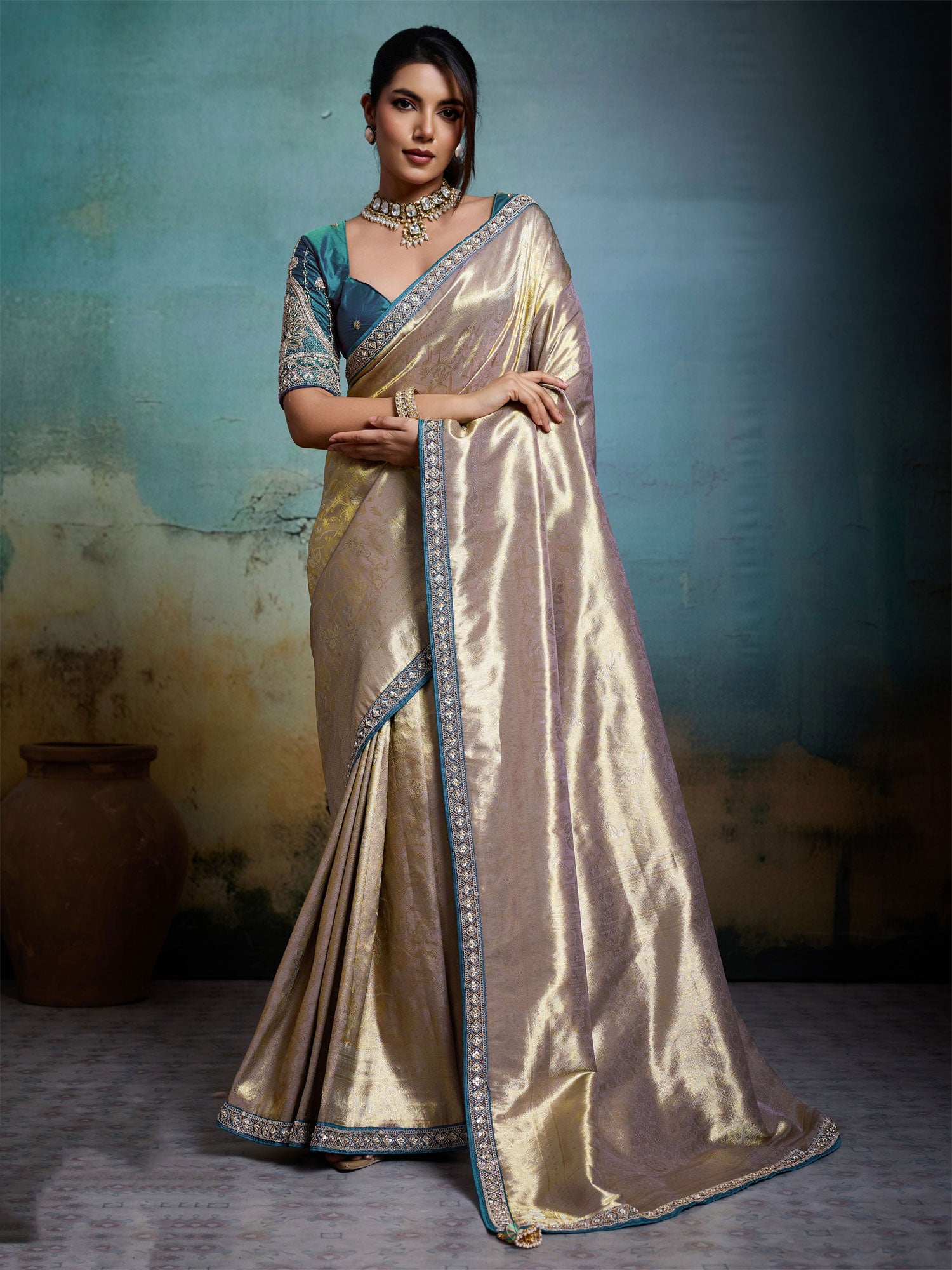 Grey Zari Weaving Party Saree In Banarasi Silk