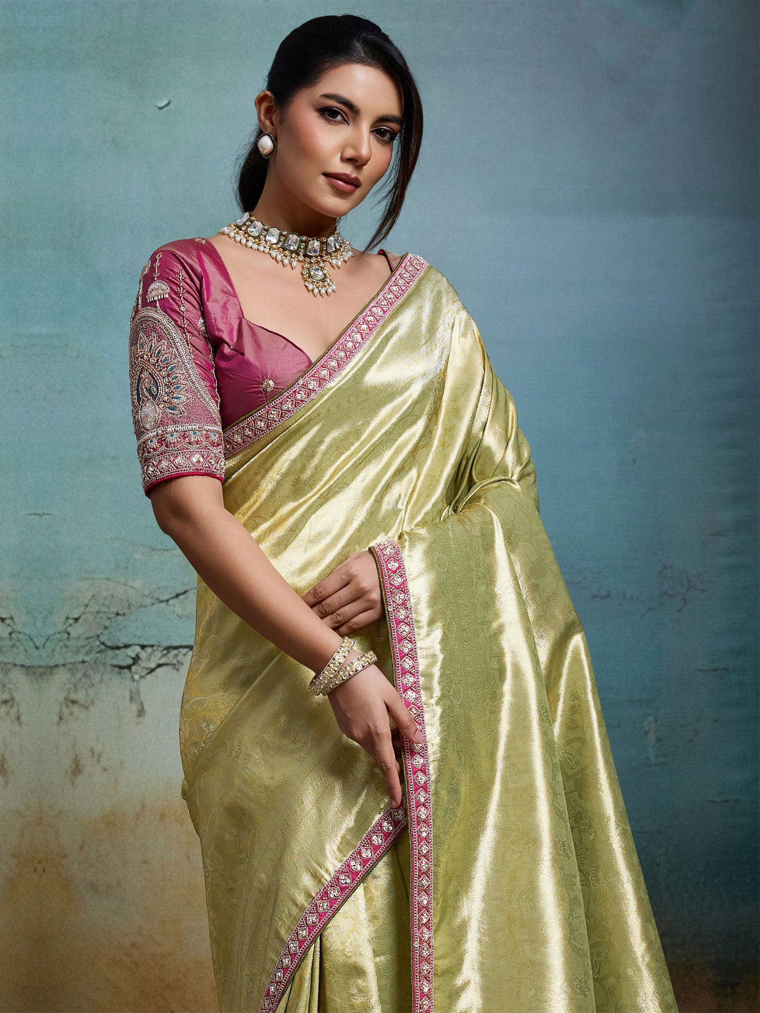 Green Banarasi Silk Saree With Stone Embellishment