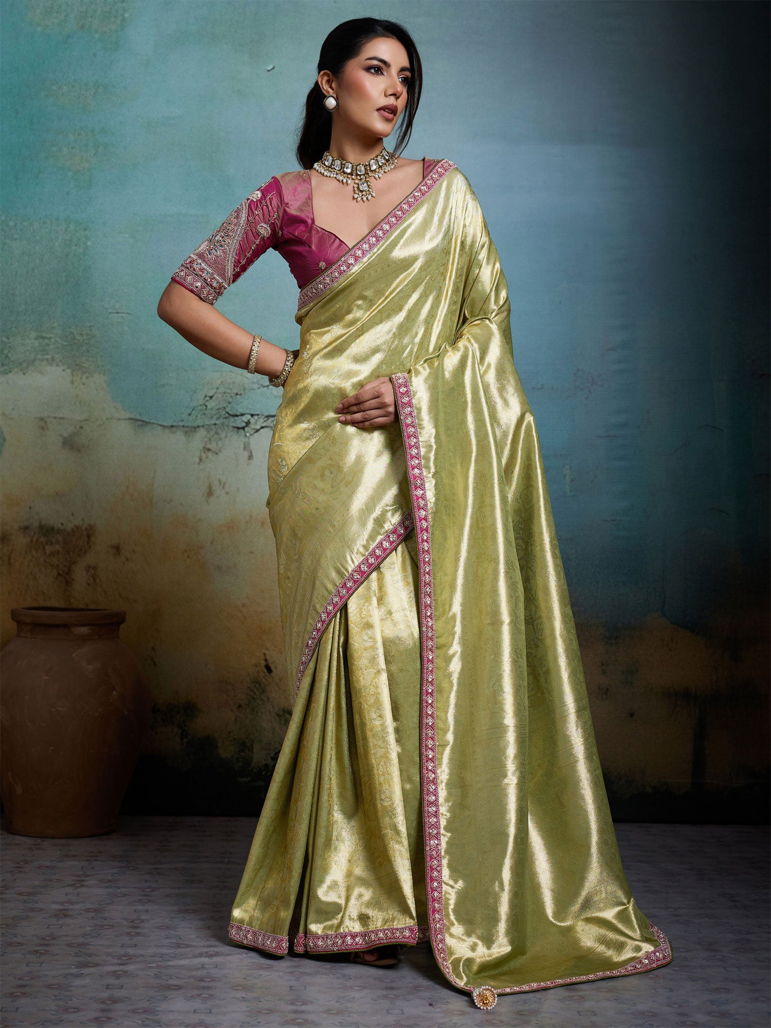 Green Banarasi Silk Saree With Stone Embellishment