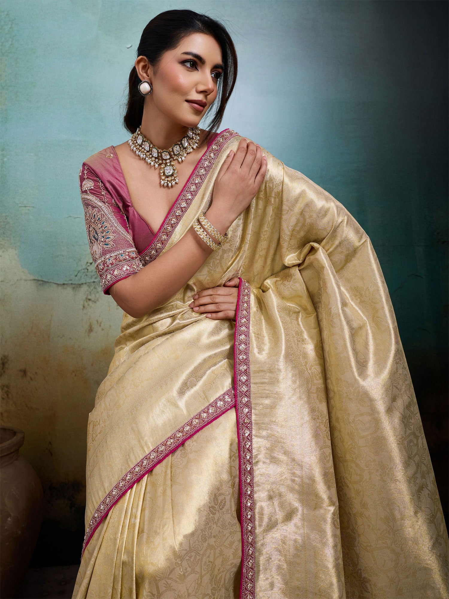 Golden Sequins Work Bridesmaid Saree In Silk