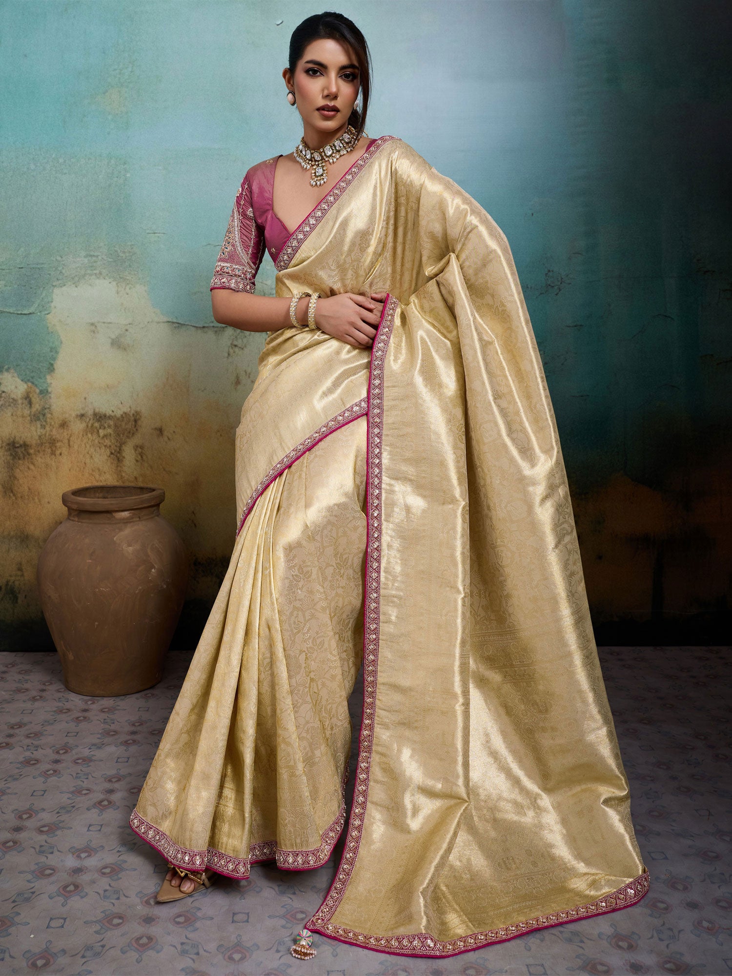 Golden Sequins Work Bridesmaid Saree In Silk