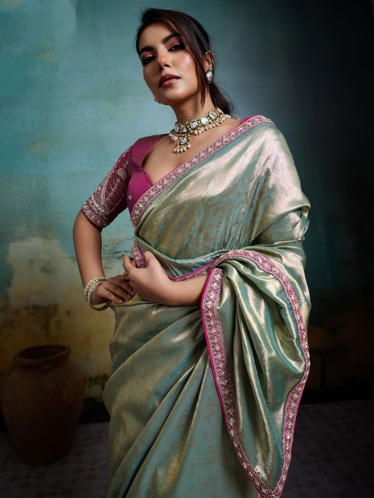 Green Silk Saree With Sequins Embroidered Borders