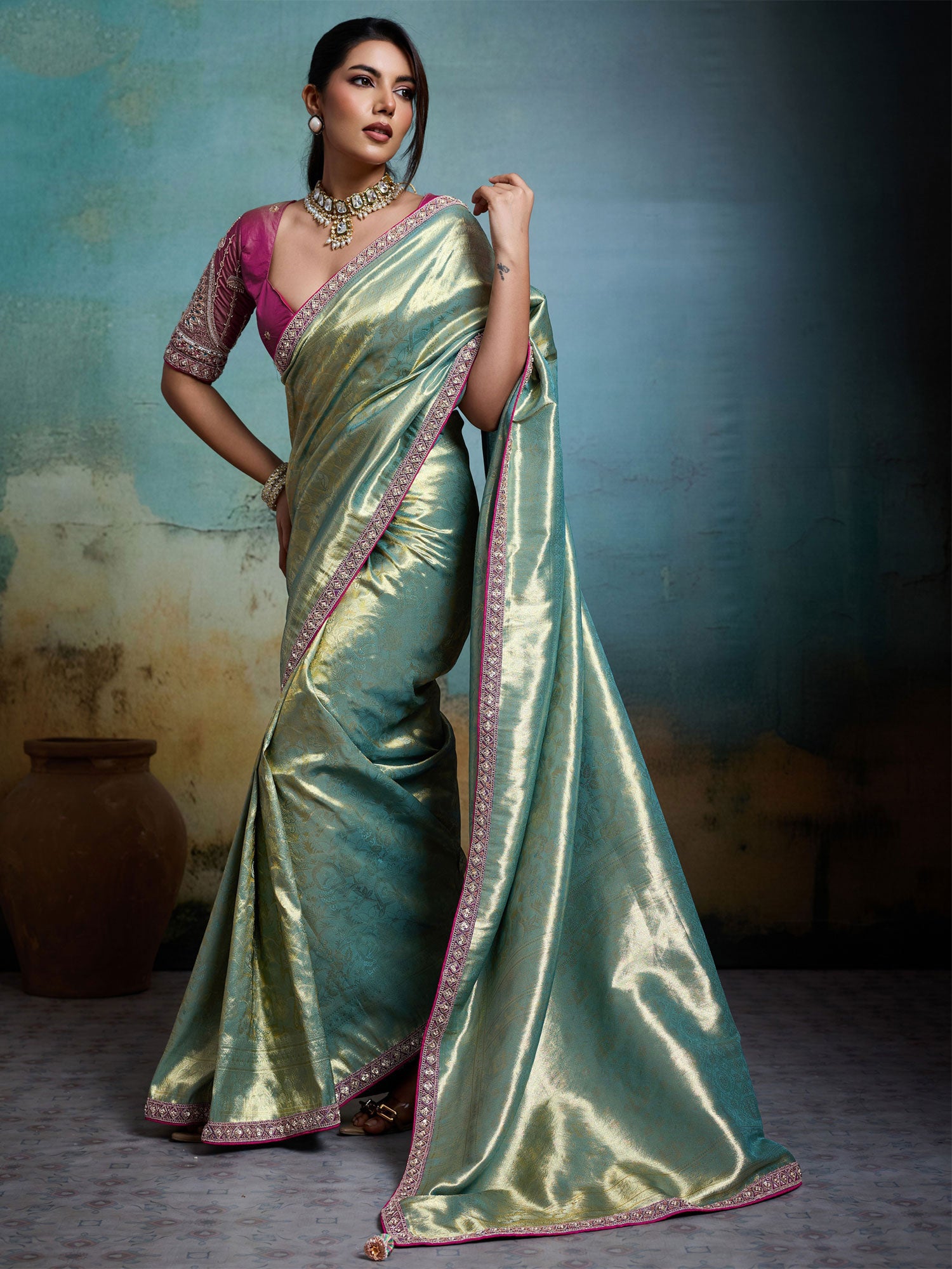 Green Silk Saree With Sequins Embroidered Borders