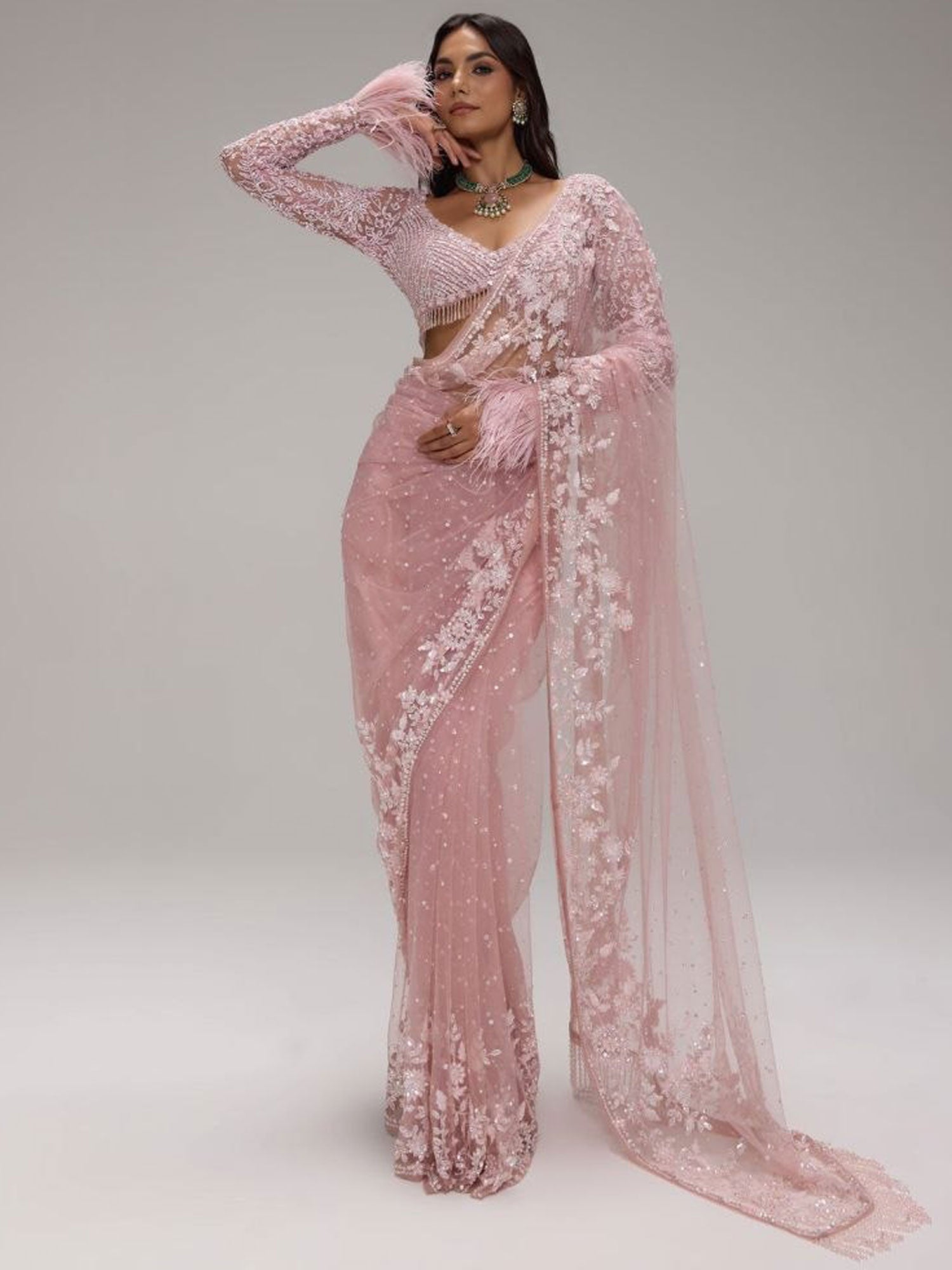 Pink Cocktail Wear Saree In Sequins Work