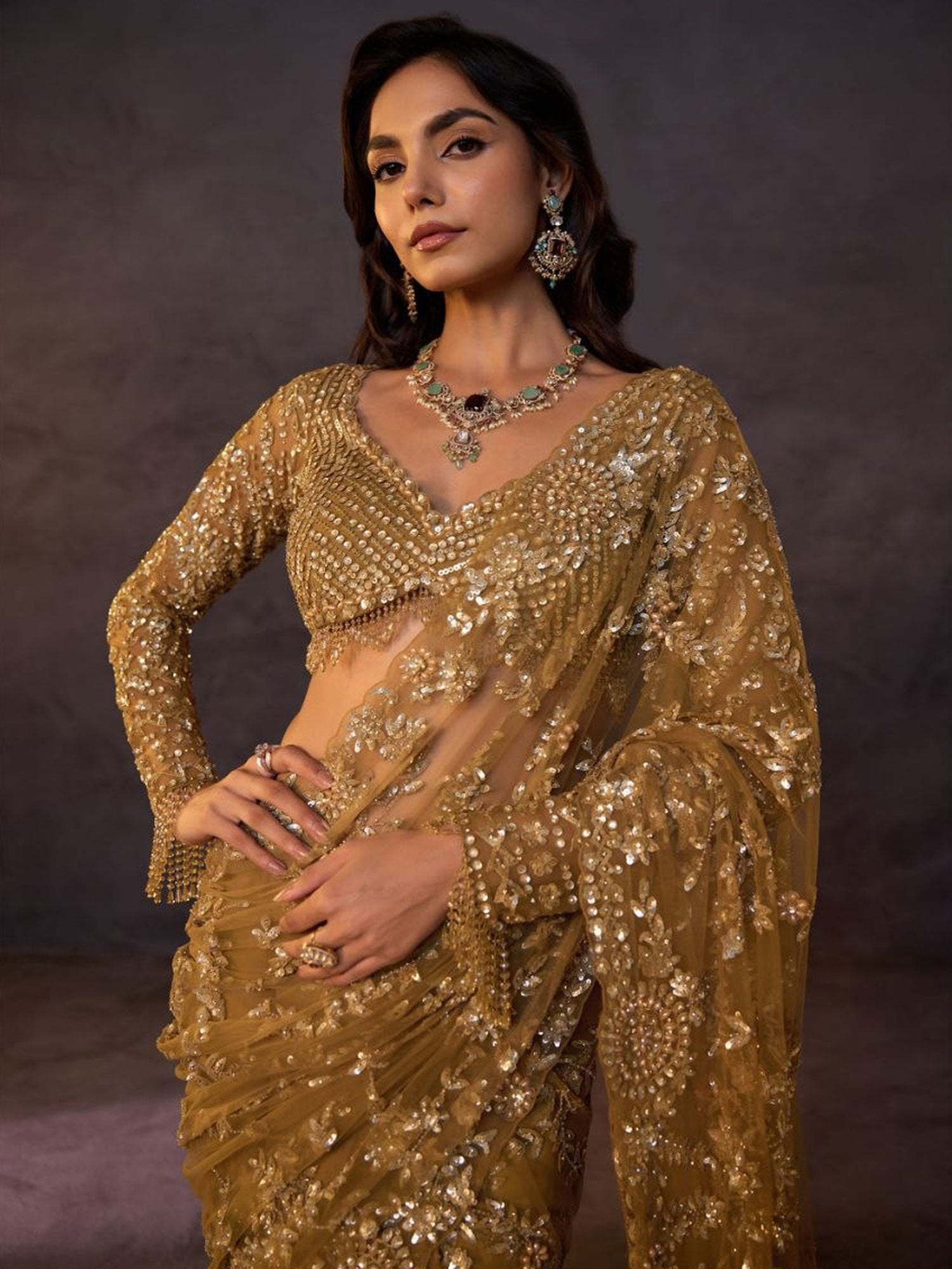 Golden Cocktail Saree With Floral Embellishment