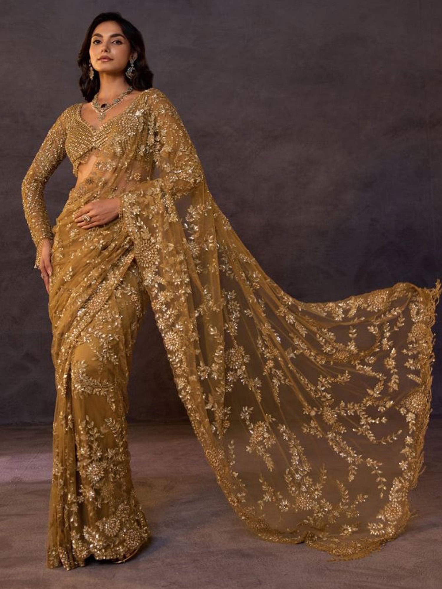 Golden Cocktail Saree With Floral Embellishment