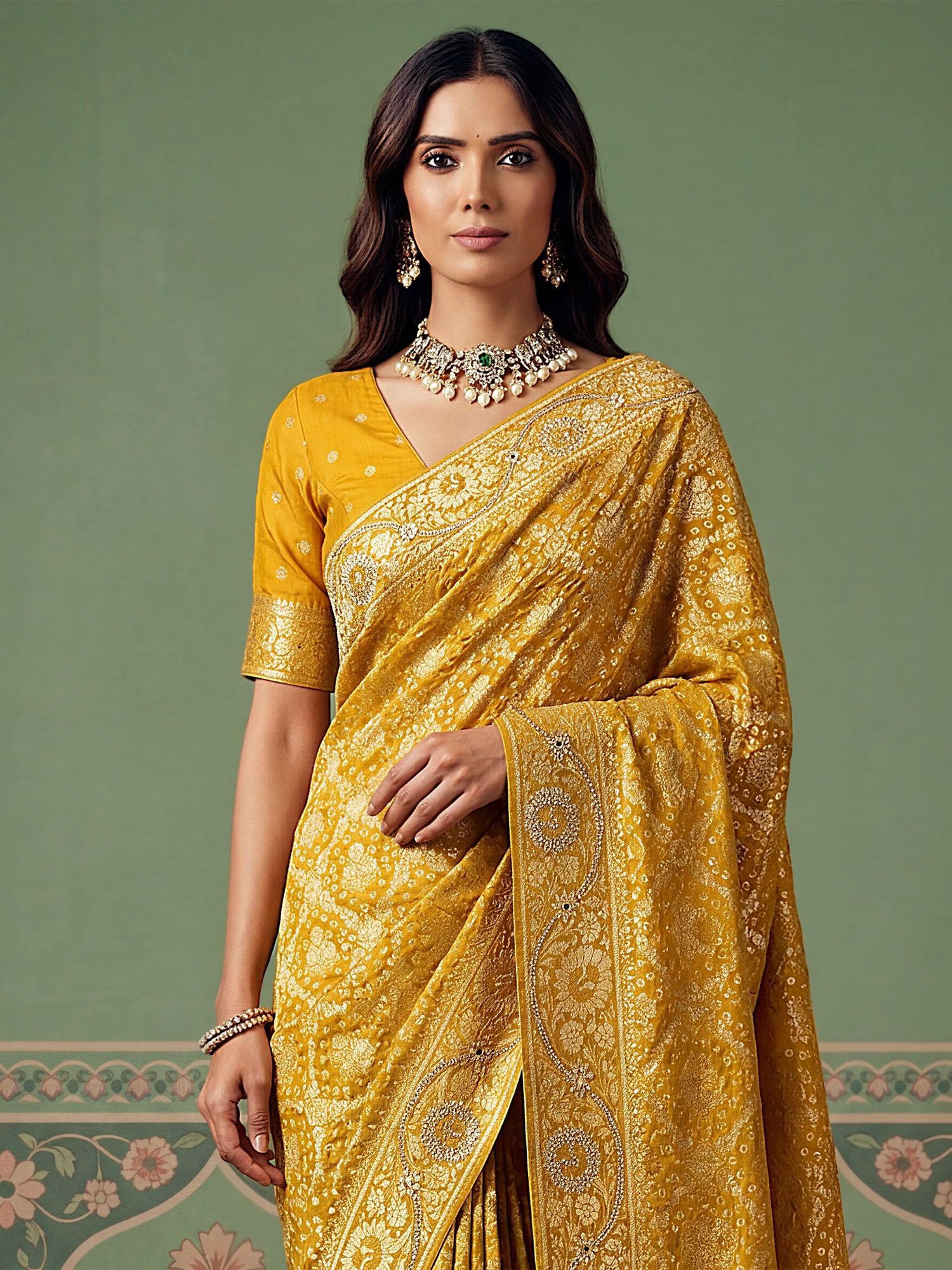 Yellow Heavy Floral Work Festive Wear Saree
