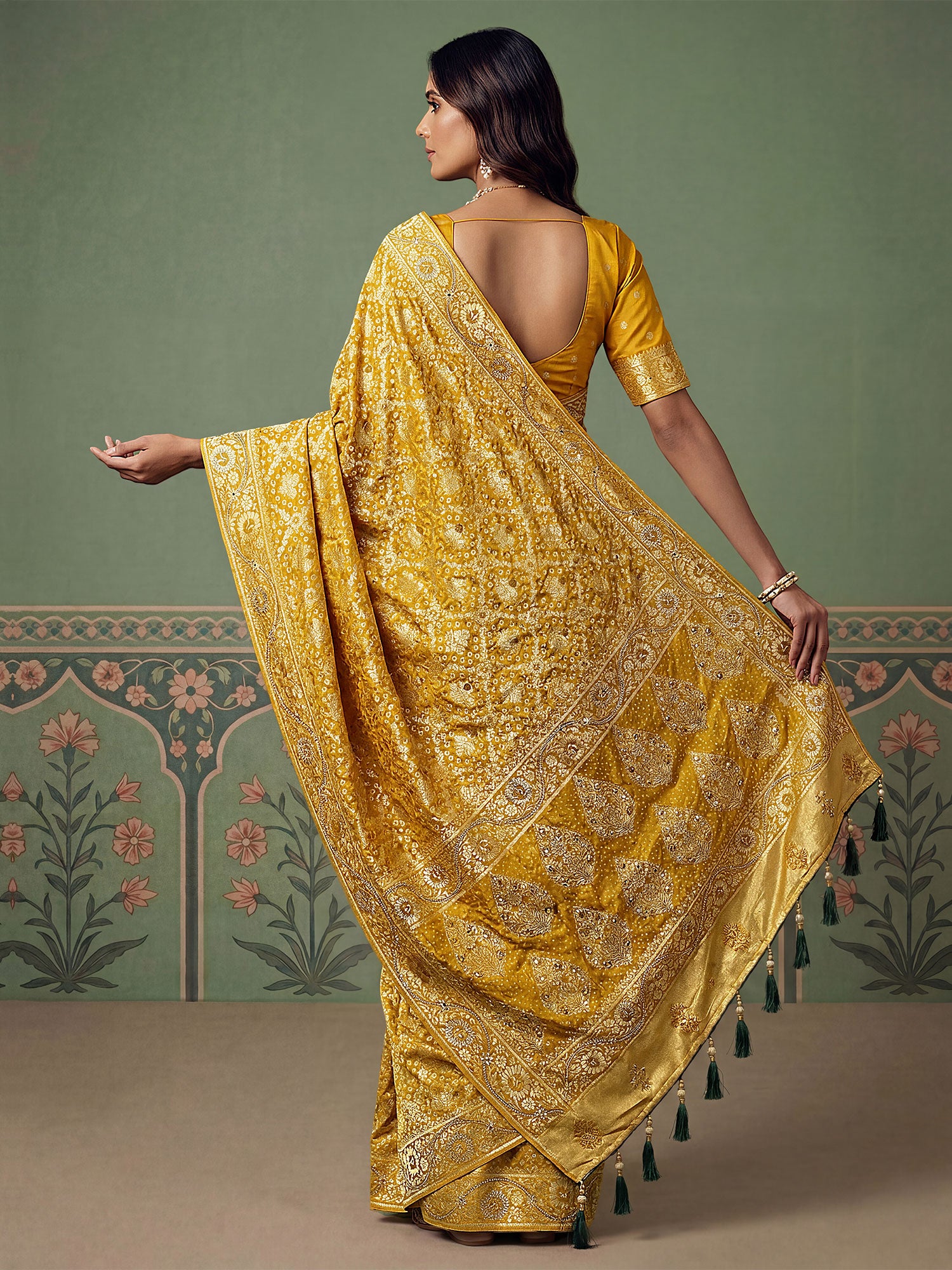 Yellow Heavy Floral Work Festive Wear Saree