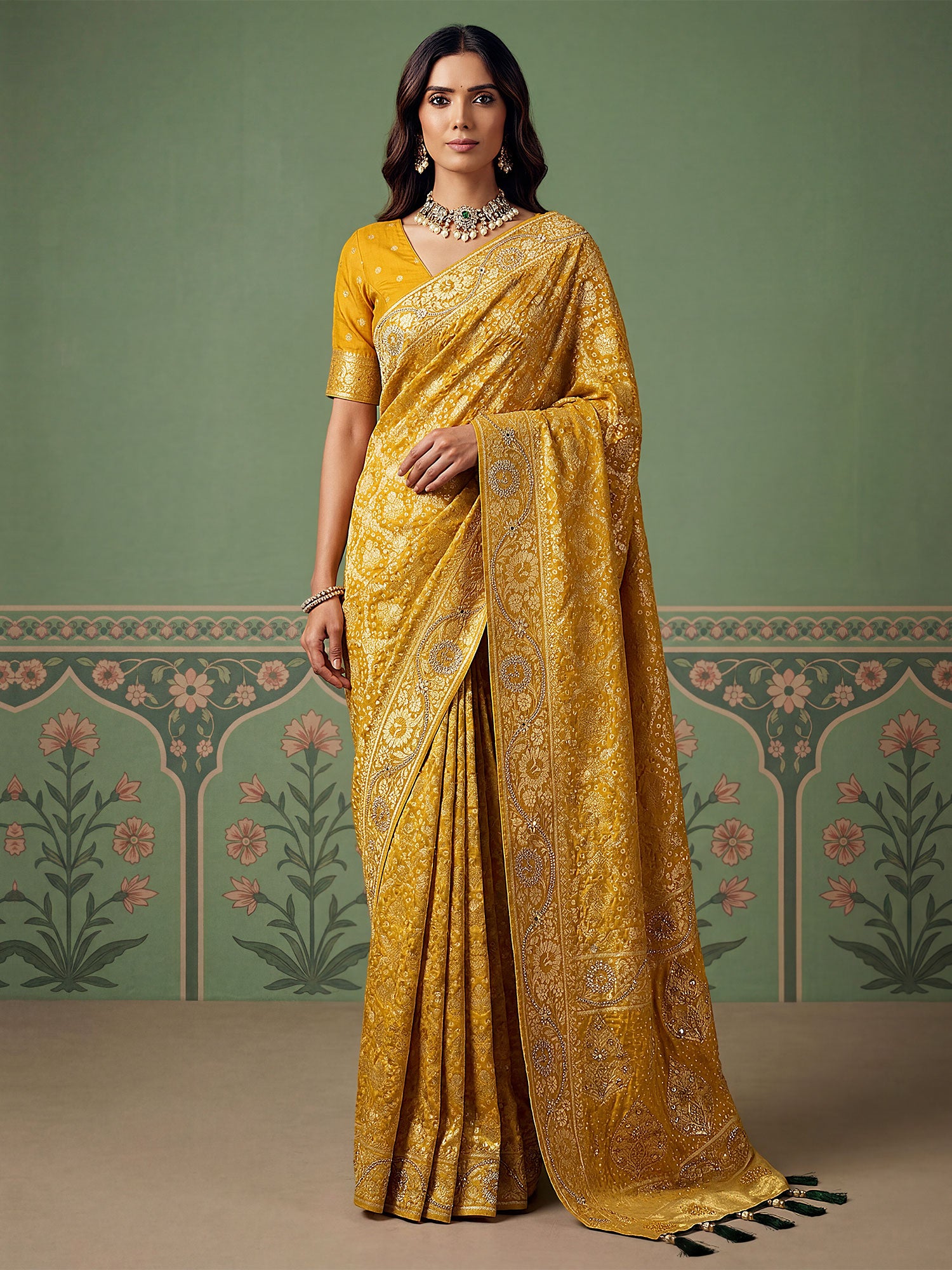 Yellow Heavy Floral Work Festive Wear Saree